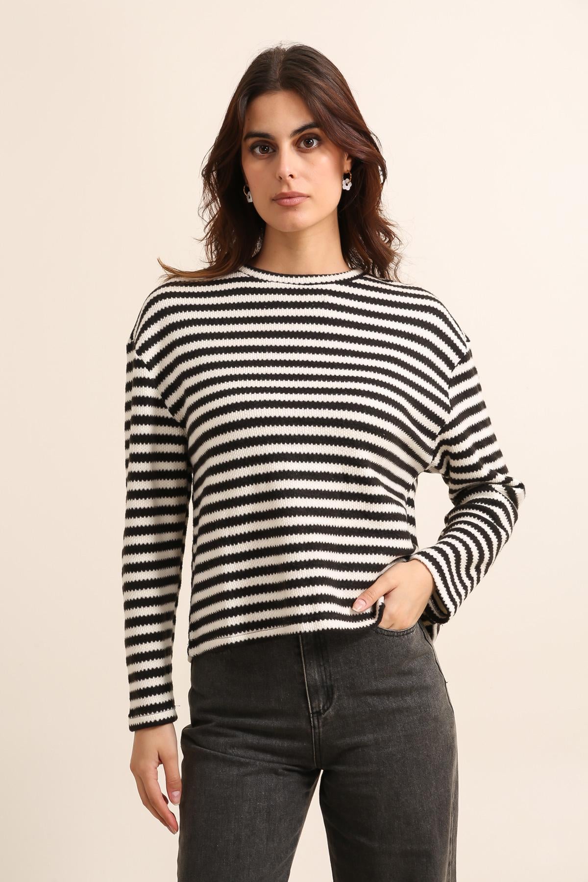 Sudadera de mujer de rayas, cuello redondo, manga larga - 31810