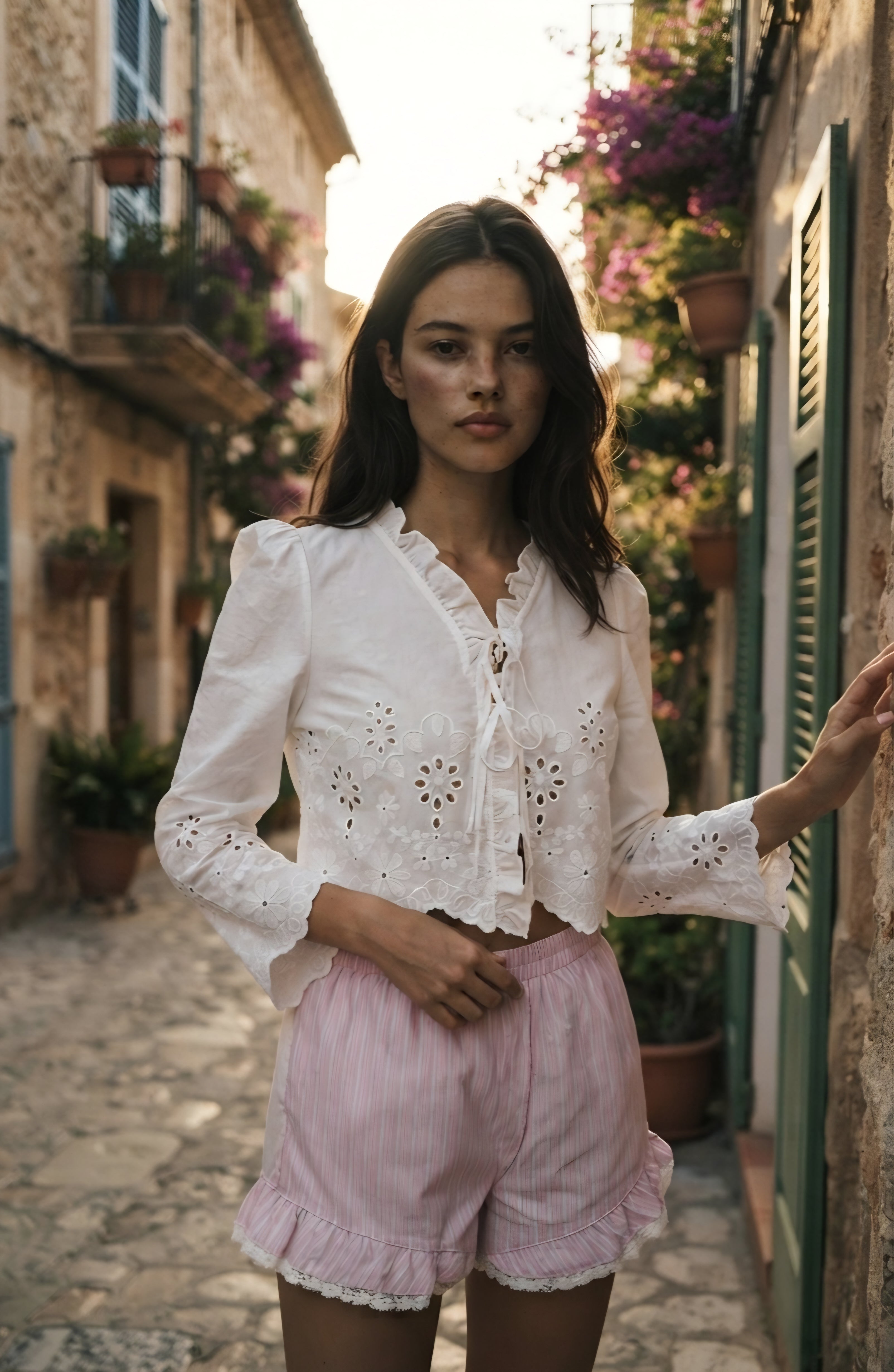 32121 Blusa corta de broderie con volantes y lazo