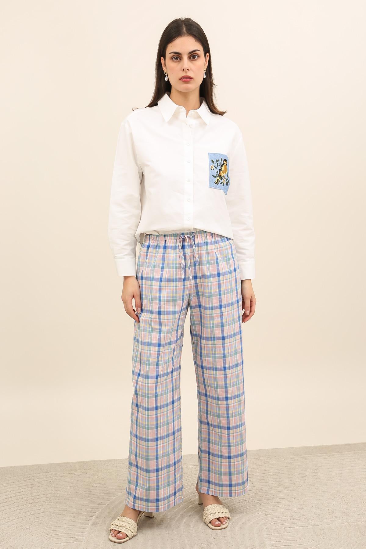 32127 Pantalón ancho de mujer a cuadros pastel con cintura elástica y lazo