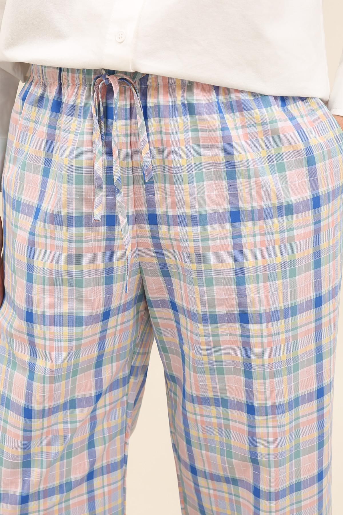 32127 Pantalón ancho de mujer a cuadros pastel con cintura elástica y lazo