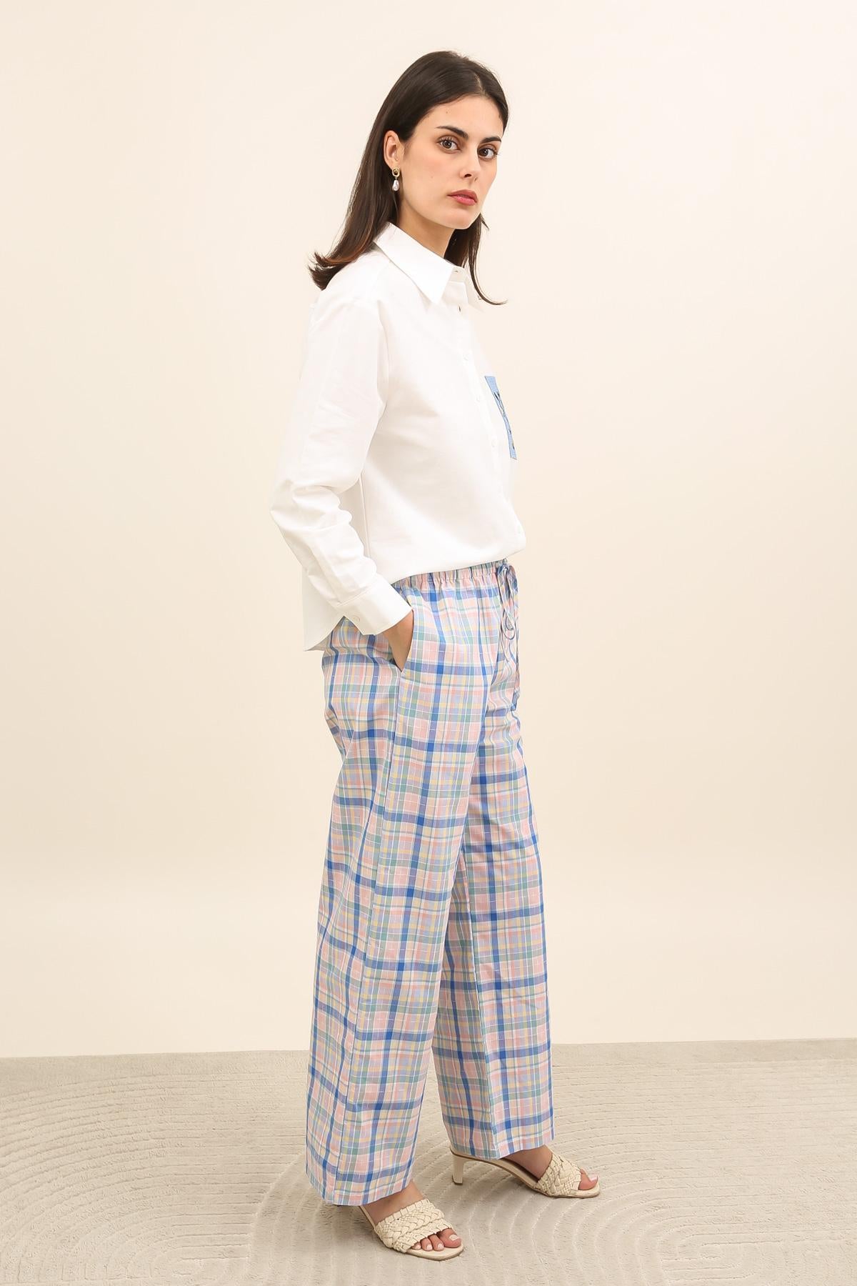32127 Pantalón ancho de mujer a cuadros pastel con cintura elástica y lazo