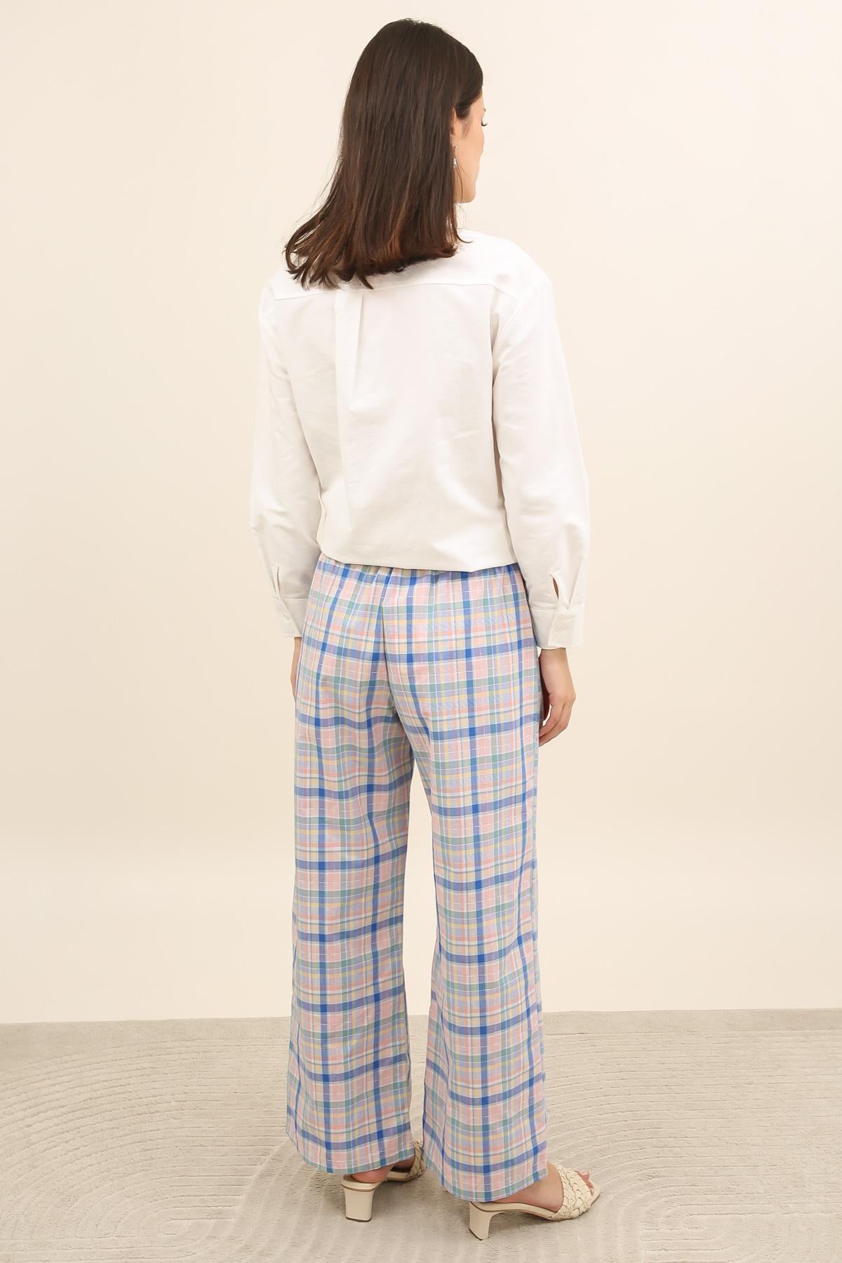 32127 Pantalón ancho de mujer a cuadros pastel con cintura elástica y lazo