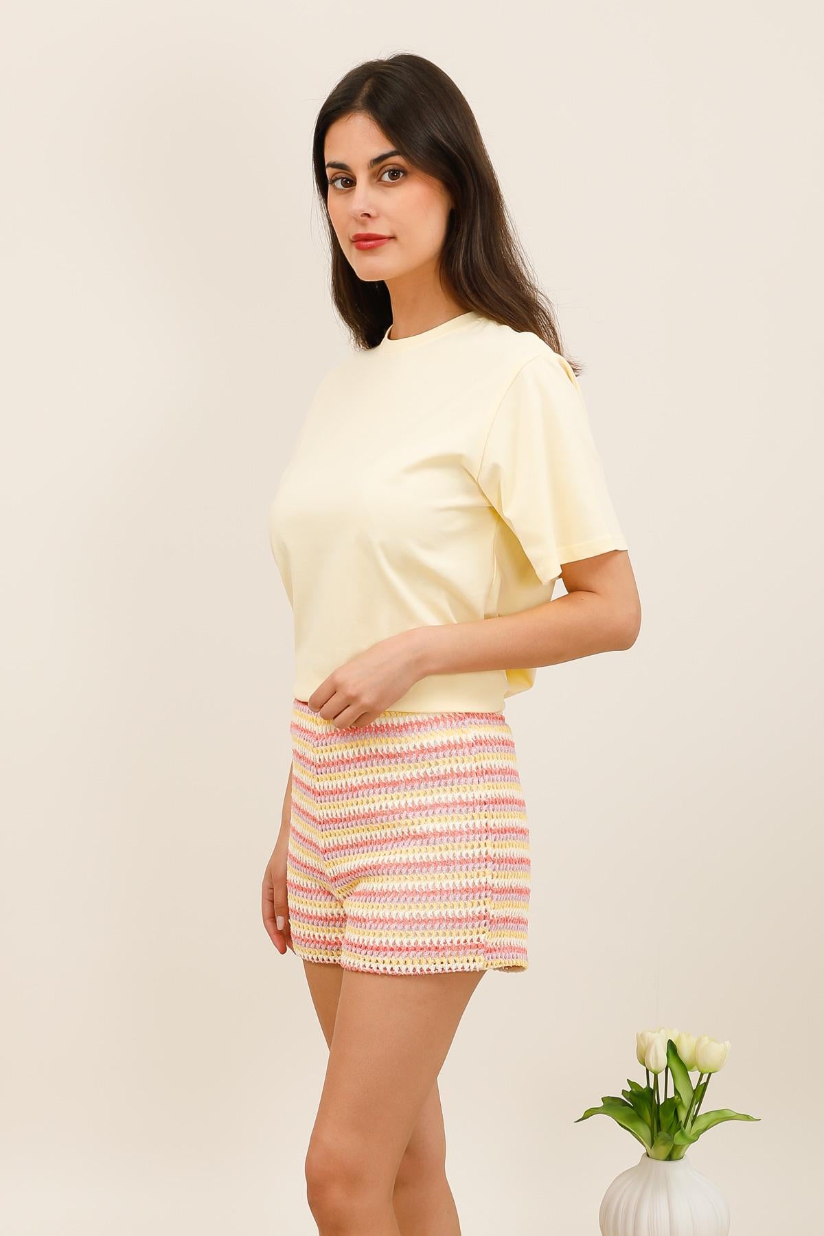 32200 Short de croché para mujer – Short de punto calado con cintura elástica