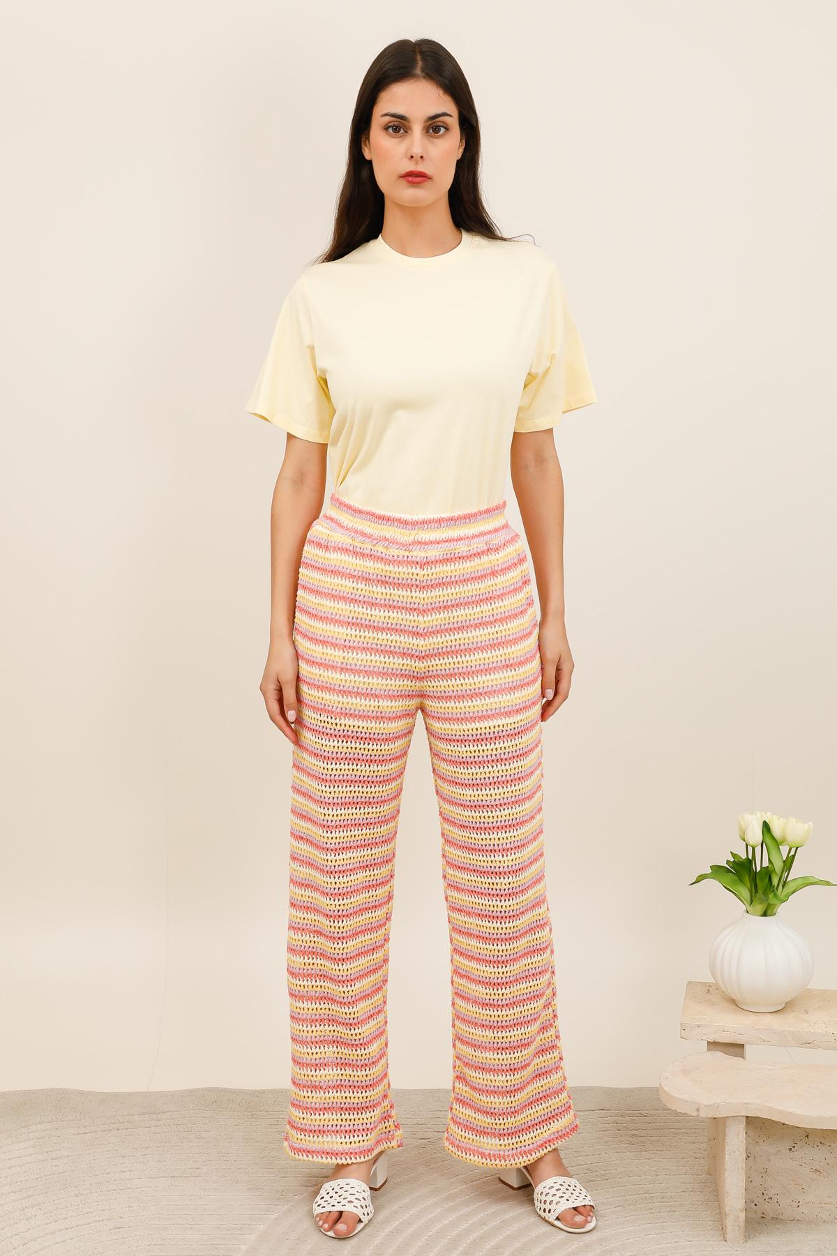 32201 Pantalón de ganchillo para mujer – Pantalón de ganchillo calado de corte recto con cintura elástica