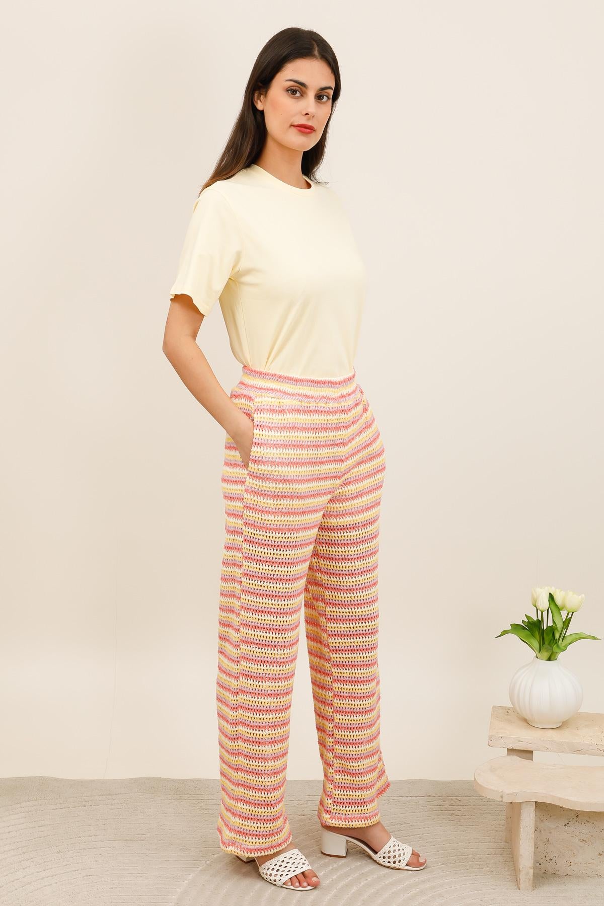 32201 Pantalón de ganchillo para mujer – Pantalón de ganchillo calado de corte recto con cintura elástica