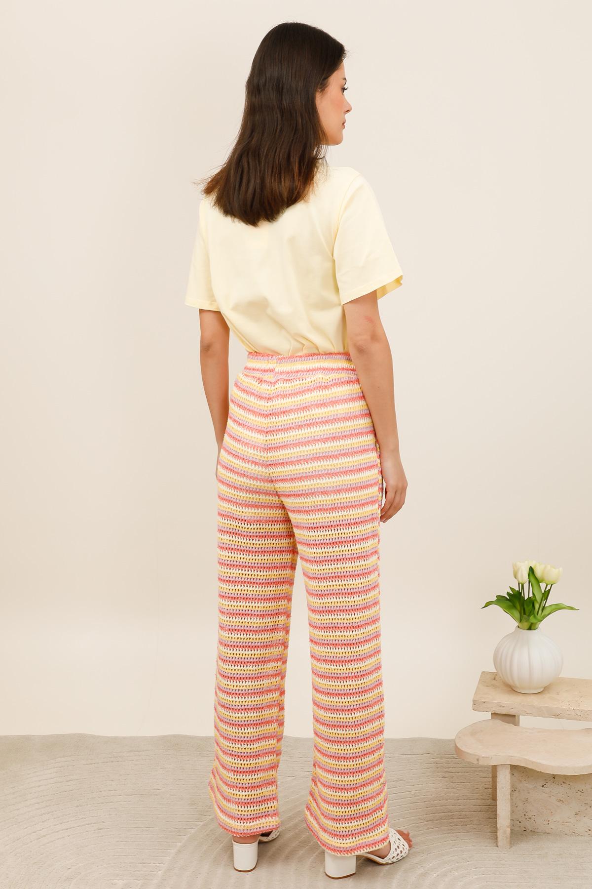 32201 Pantalón de ganchillo para mujer – Pantalón de ganchillo calado de corte recto con cintura elástica