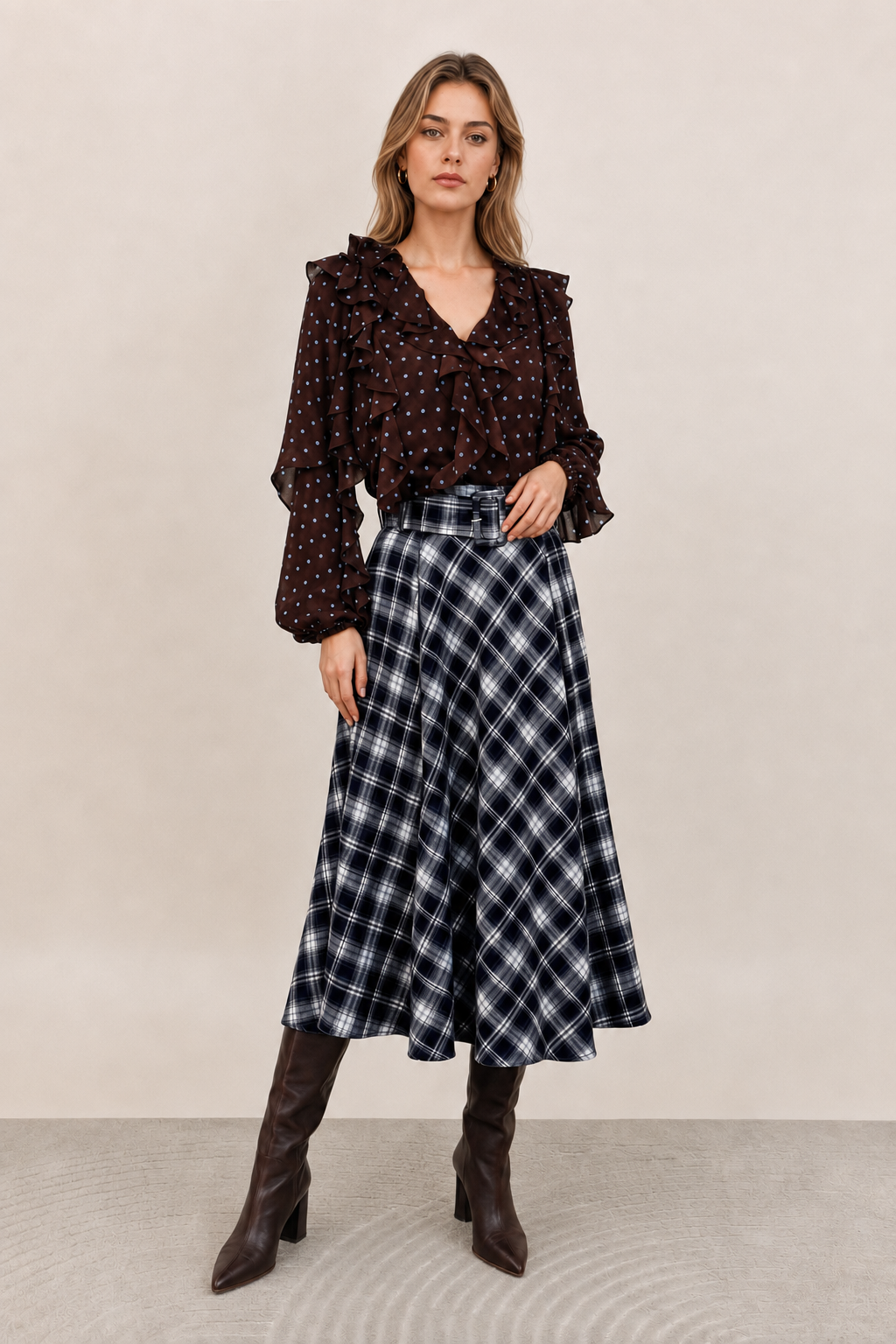 Plaid Flared Long Skirt with Belt - 32210