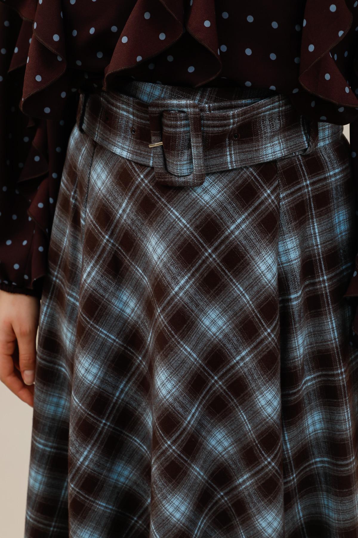 Plaid Flared Long Skirt with Belt - 32210