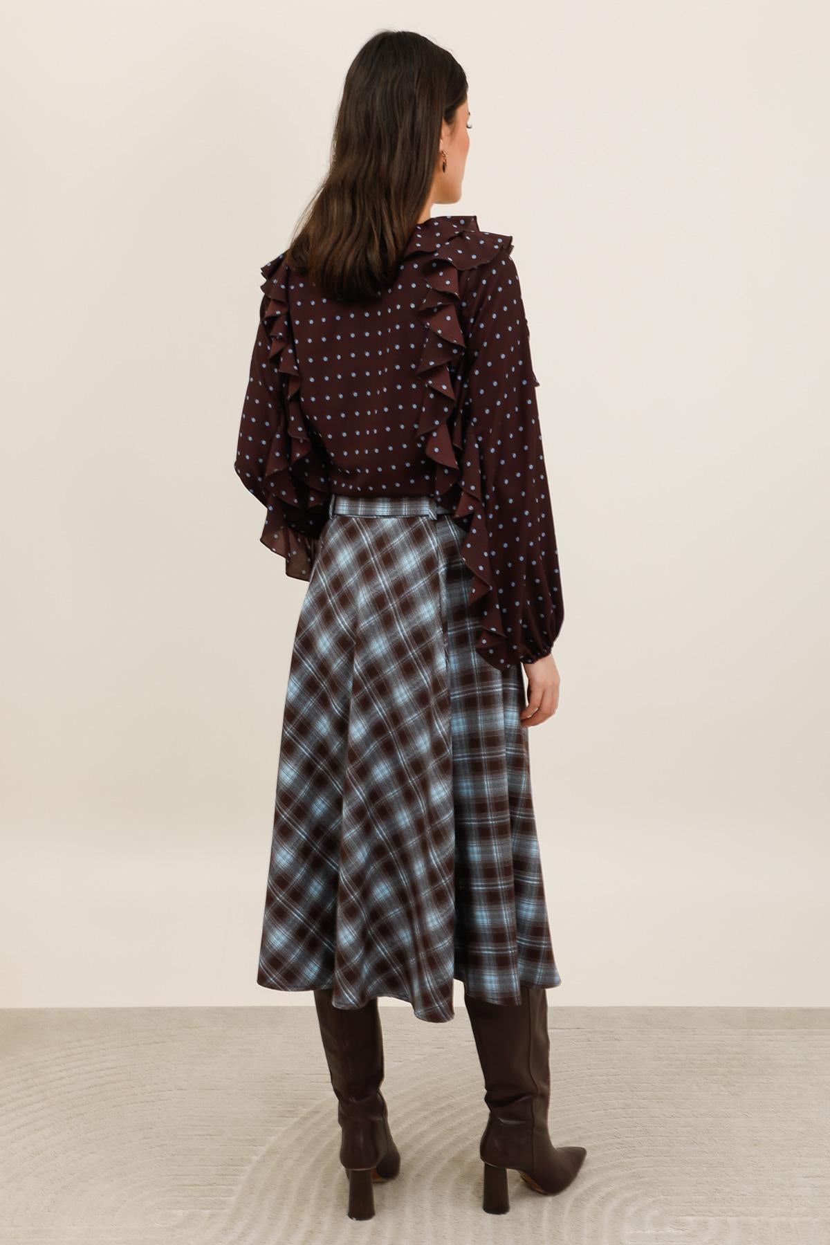 Plaid Flared Long Skirt with Belt - 32210