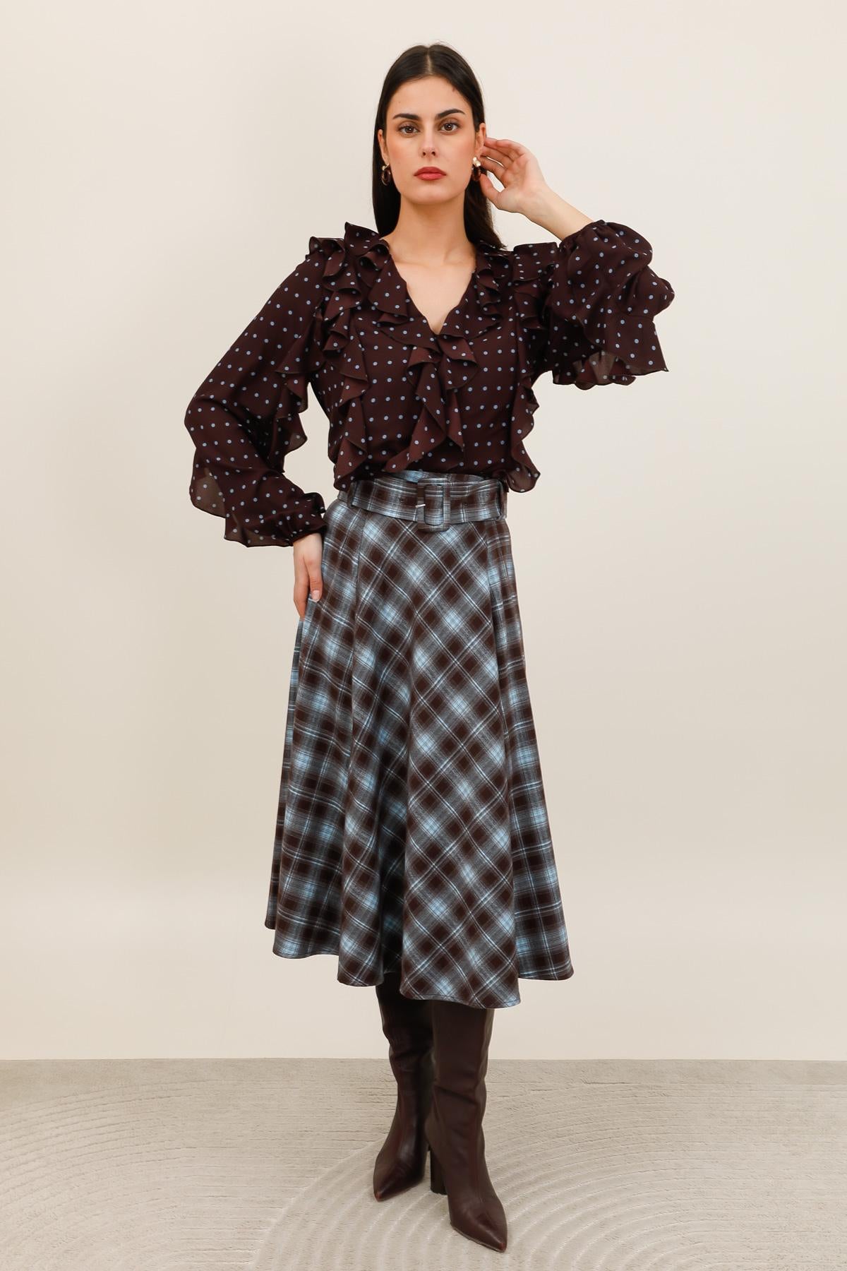 Plaid Flared Long Skirt with Belt - 32210