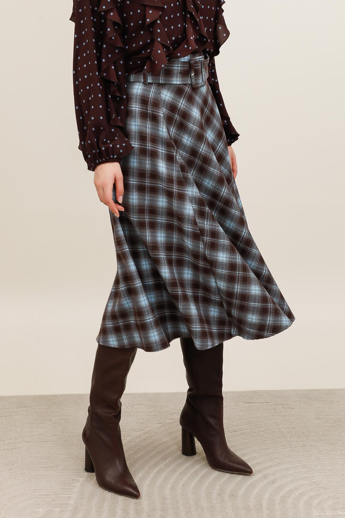 Plaid Flared Long Skirt with Belt - 32210