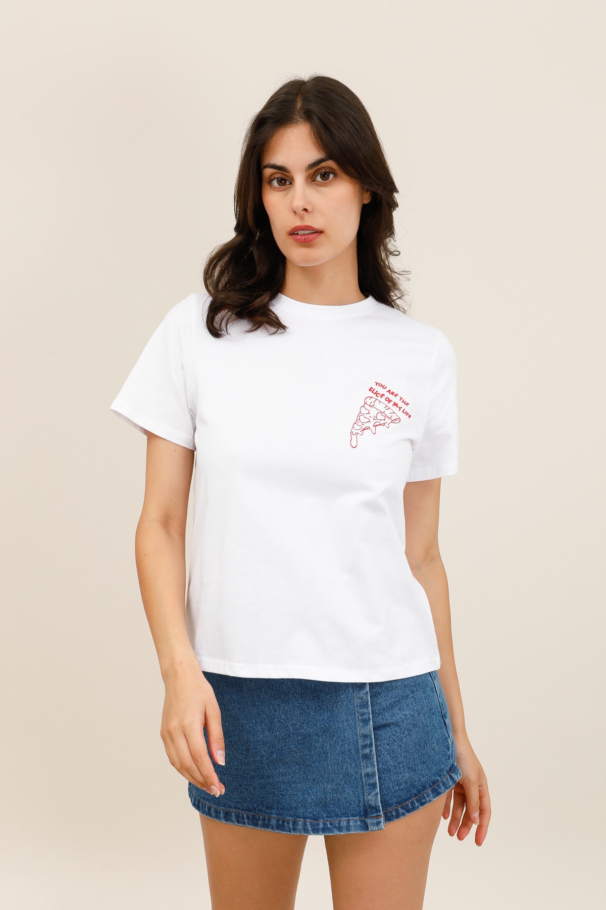 T-shirt blanc broderie part de pizza femme - 32211