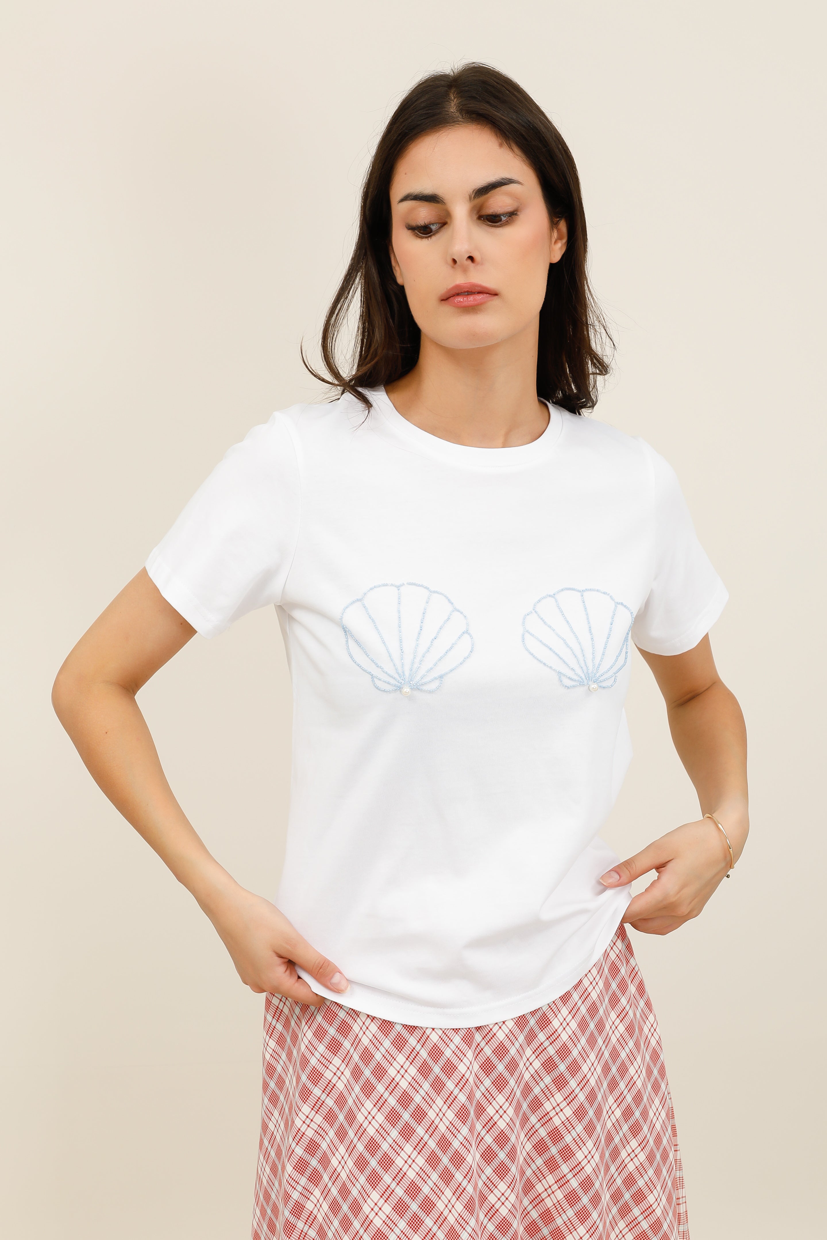 T-shirt femme coquillages en perles manches courtes - 32230