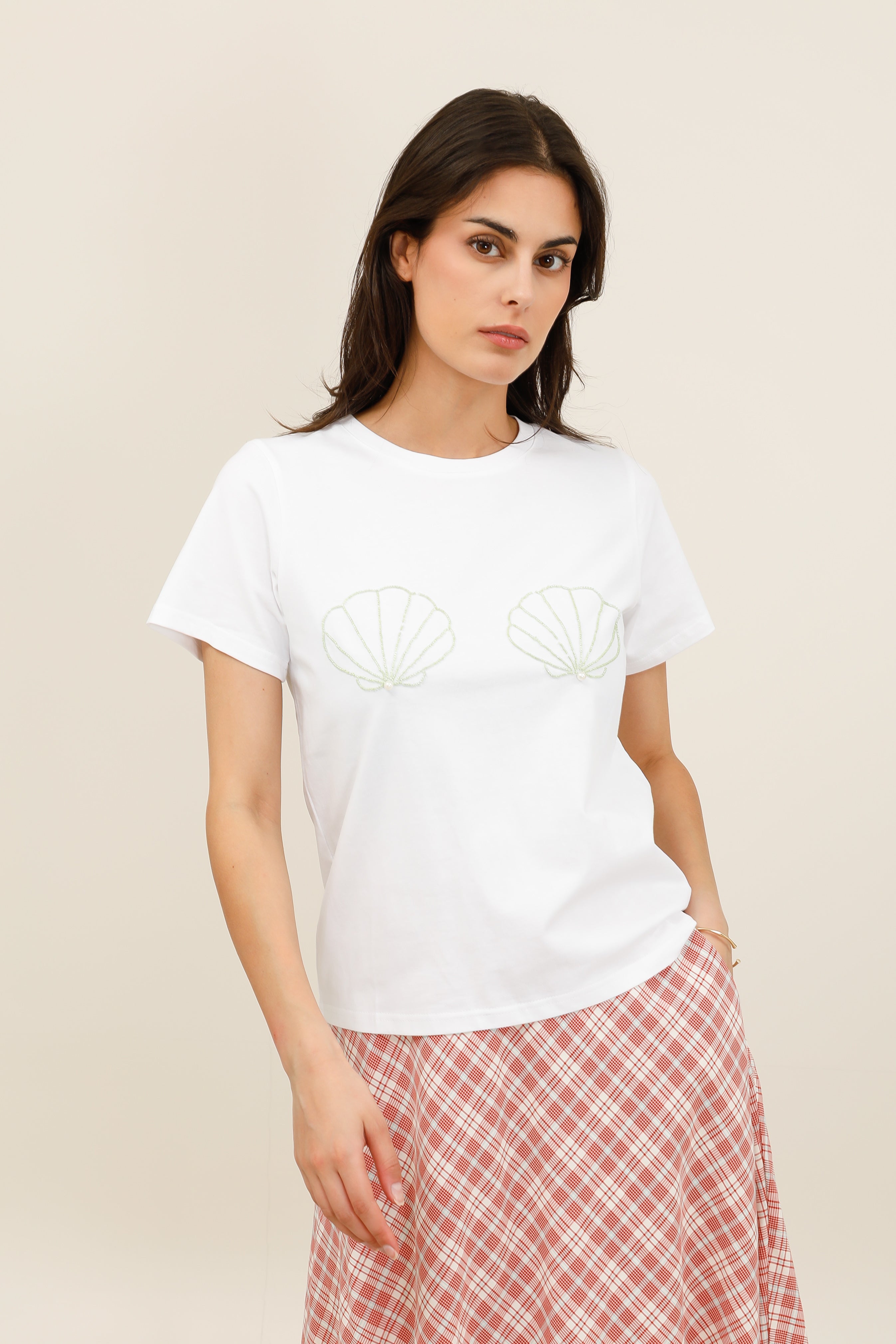 T-shirt femme coquillages en perles manches courtes - 32230