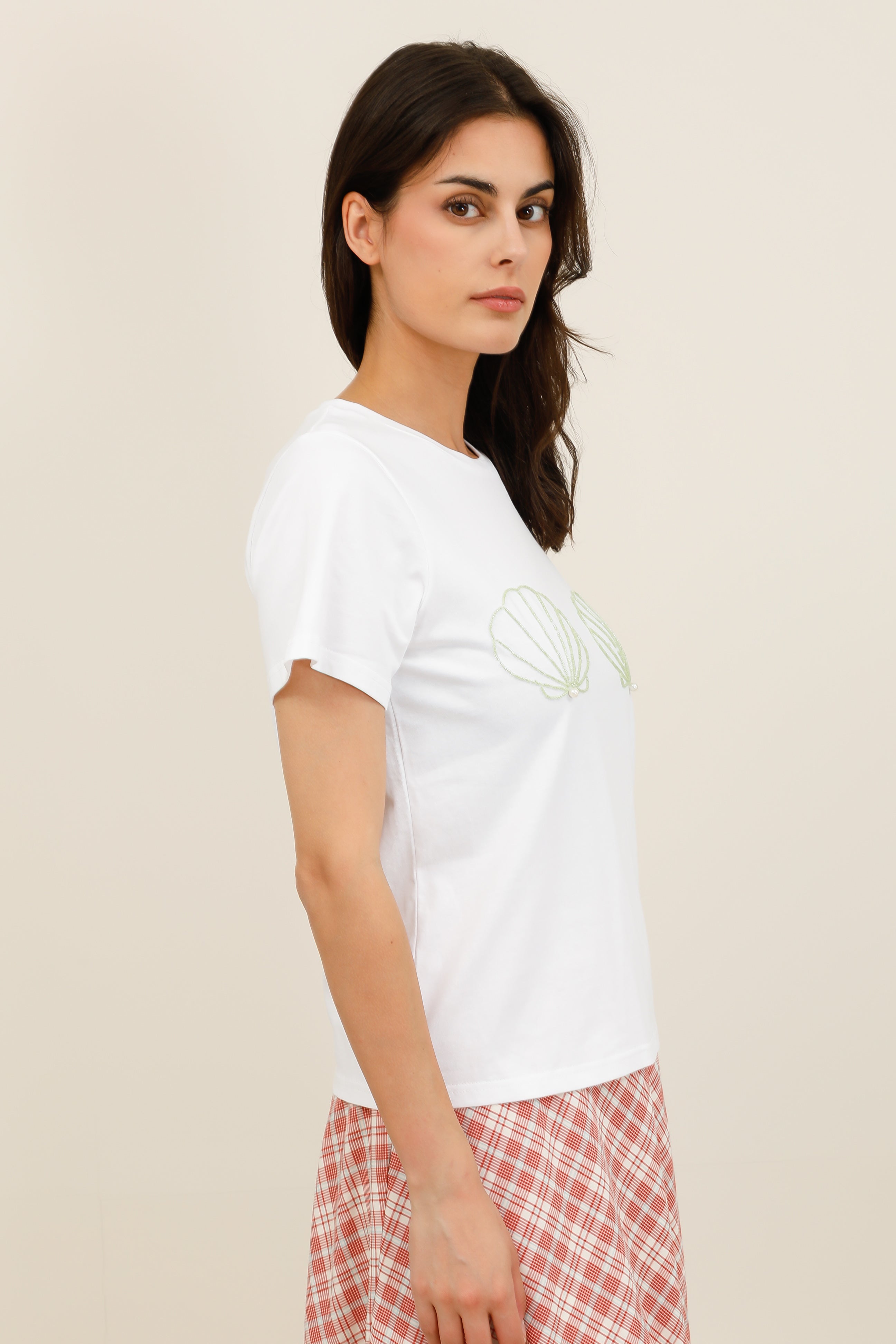T-shirt femme coquillages en perles manches courtes - 32230
