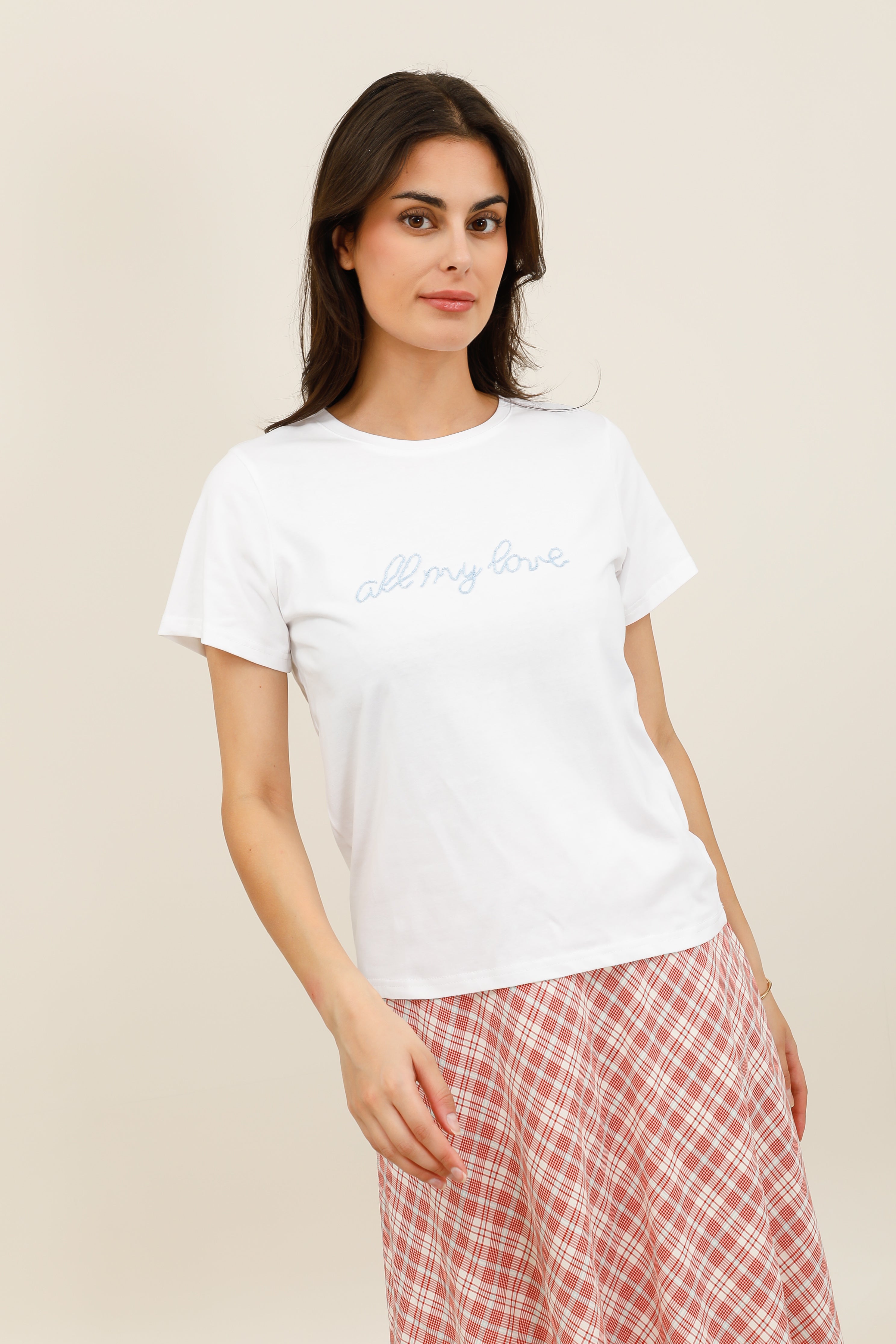 T-shirt femme inscription "all my love" en perles manches courtes - 32231