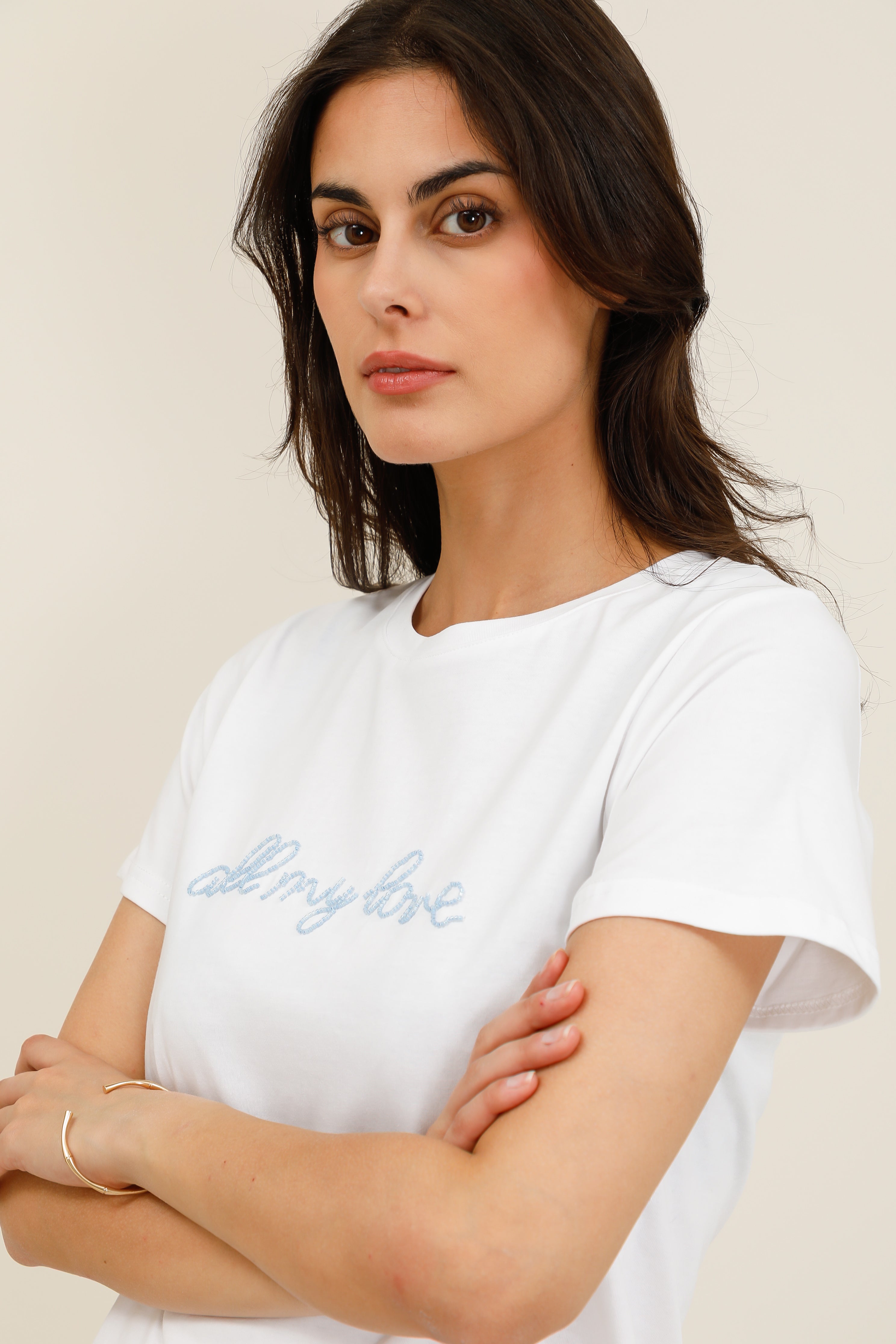 T-shirt femme inscription "all my love" en perles manches courtes - 32231