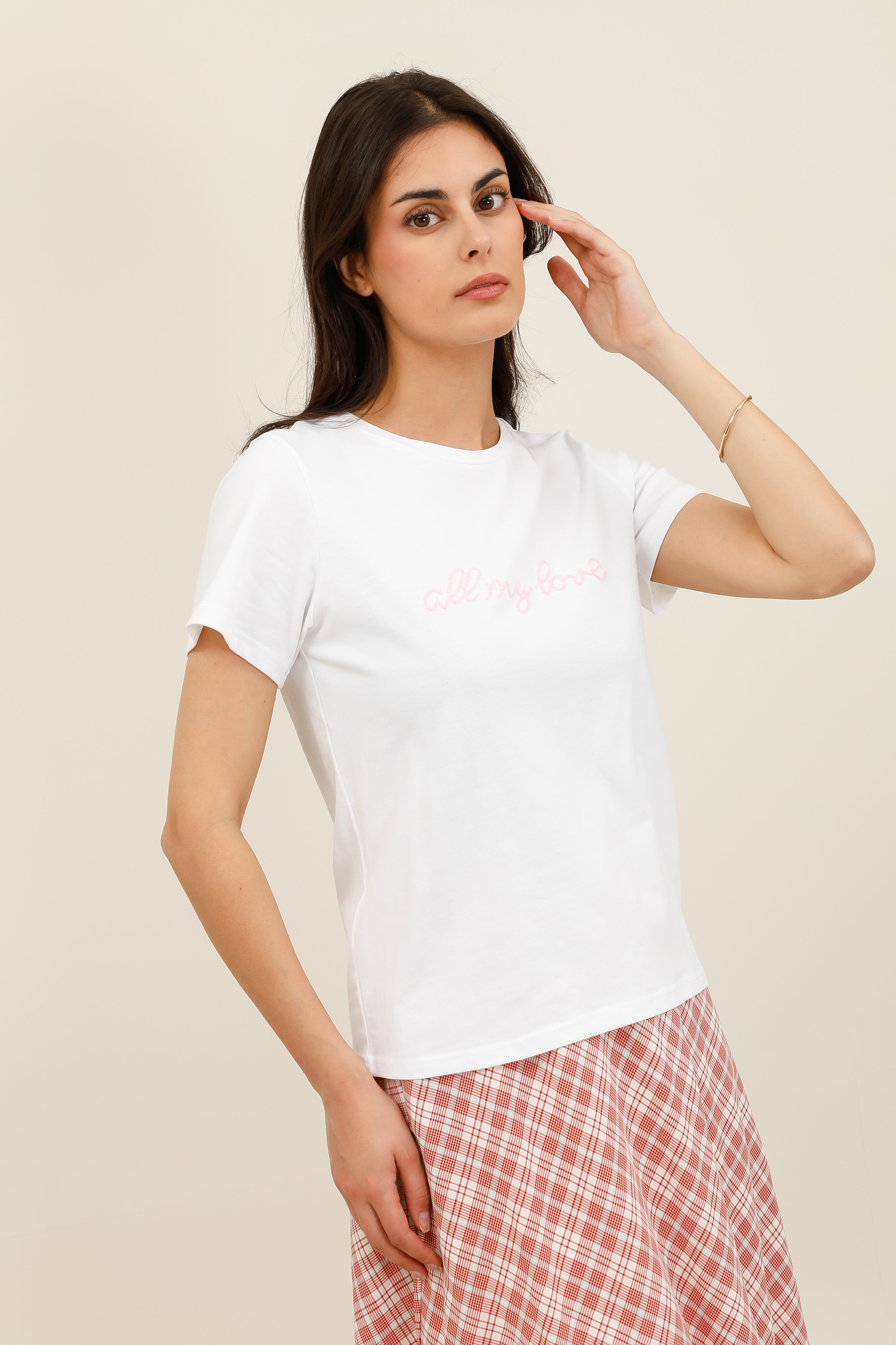 T-shirt femme inscription "all my love" en perles manches courtes - 32231