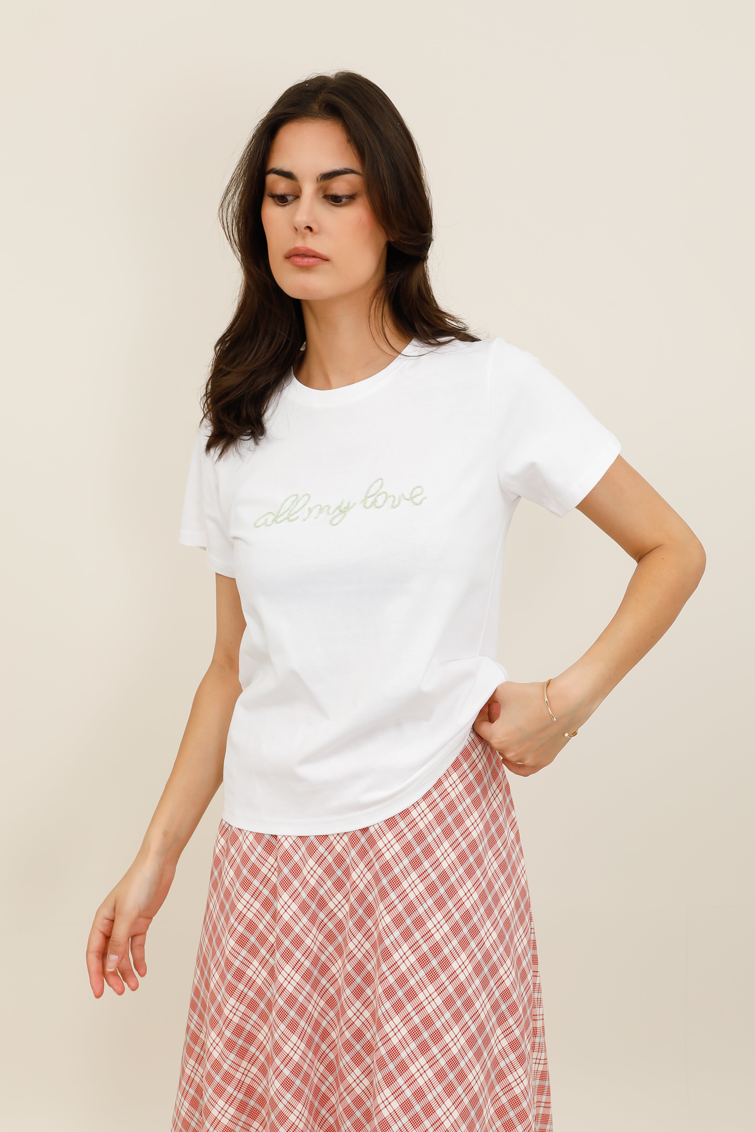 T-shirt femme inscription "all my love" en perles manches courtes - 32231