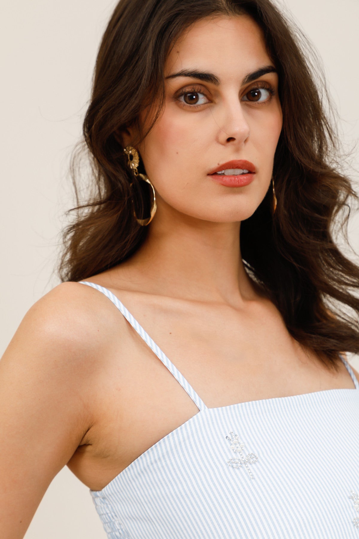 Top Babydoll Femme Rayé à Bretelles Réglables avec Broderies Perlées - 32233