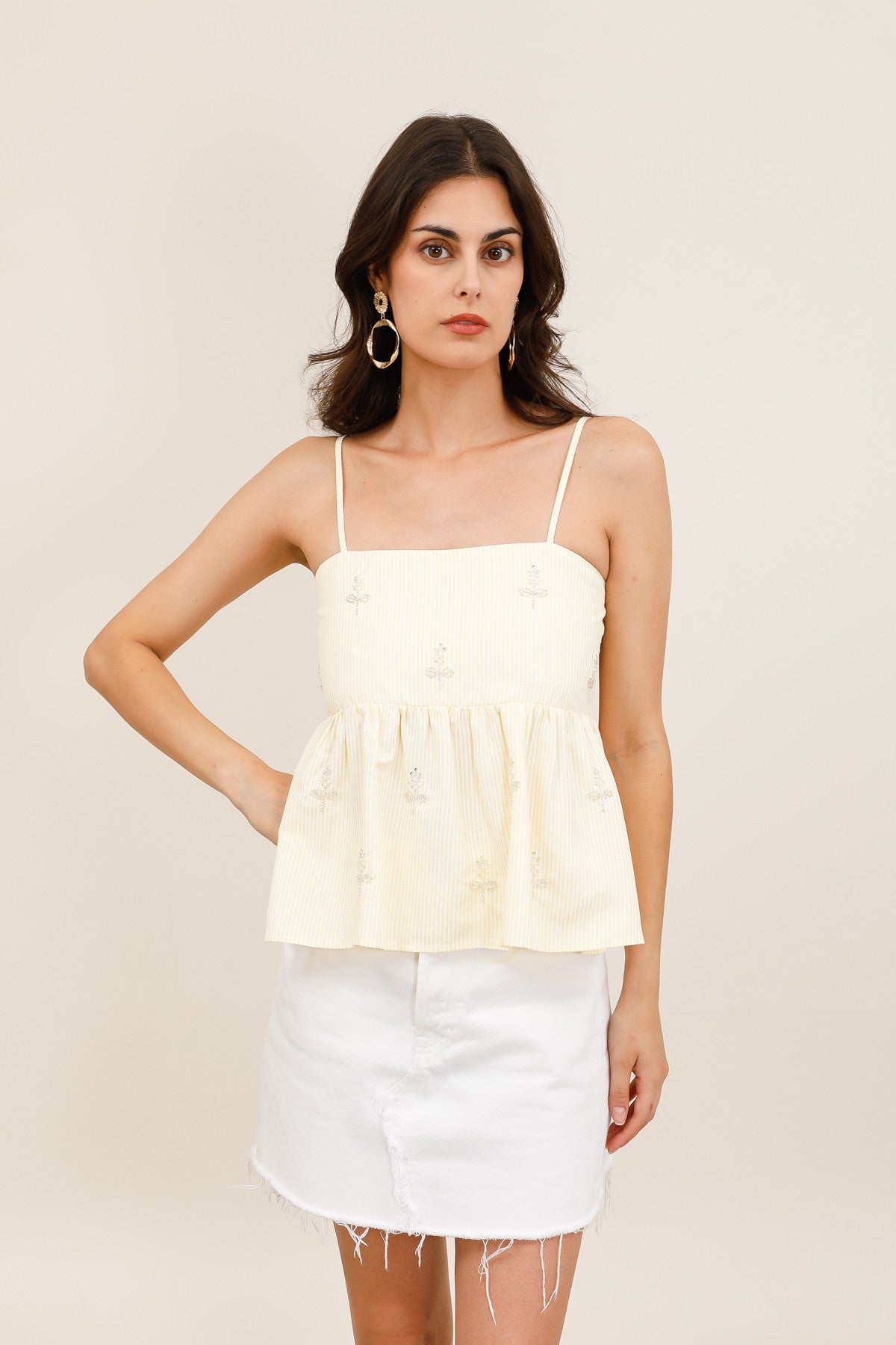 Top Babydoll Femme Rayé à Bretelles Réglables avec Broderies Perlées - 32233