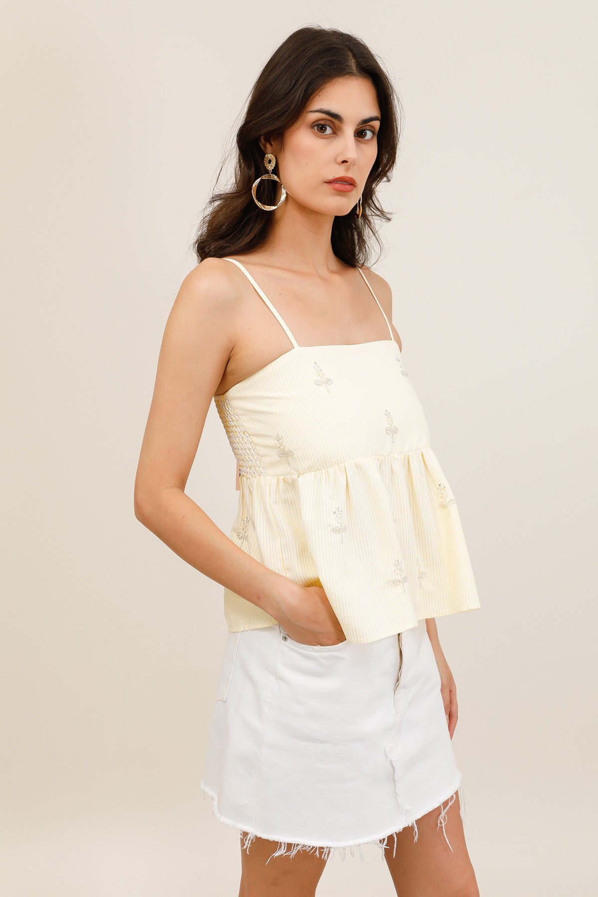 Top Babydoll Femme Rayé à Bretelles Réglables avec Broderies Perlées - 32233