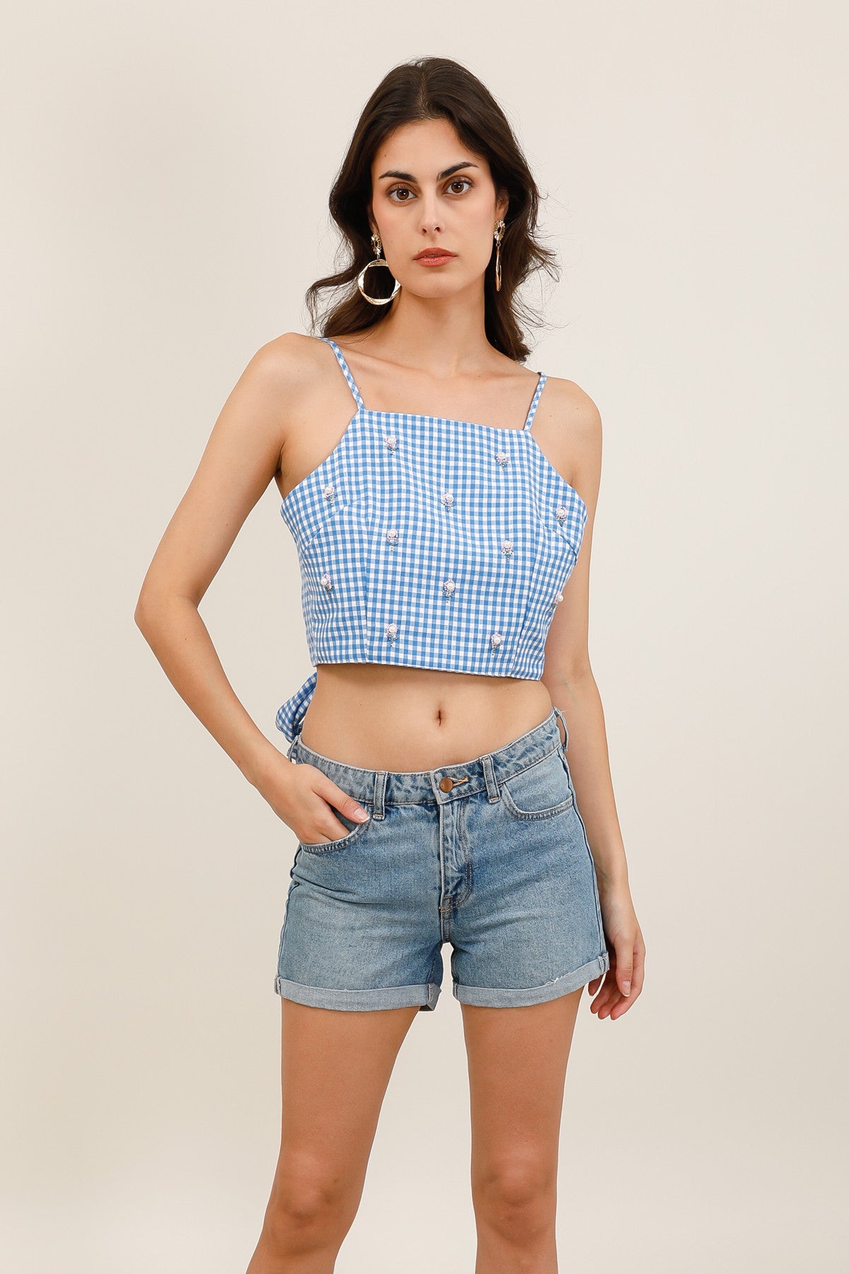 Top Femme Vichy à Bretelles avec Broderies Perlées et Nœud Dos - 32236