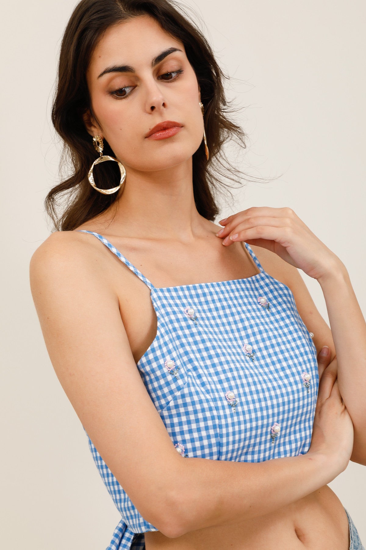 Top Femme Vichy à Bretelles avec Broderies Perlées et Nœud Dos - 32236