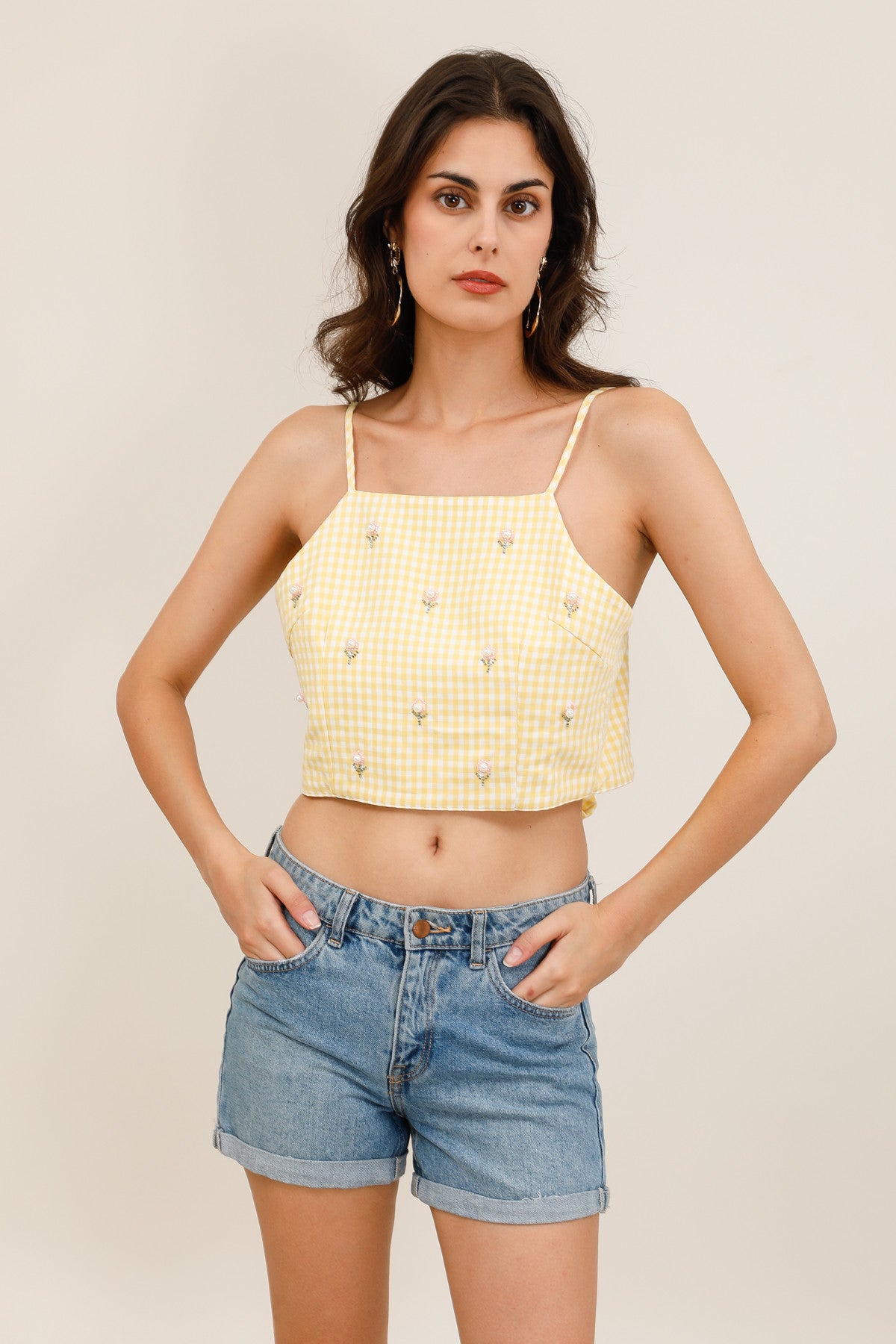 Top Femme Vichy à Bretelles avec Broderies Perlées et Nœud Dos - 32236