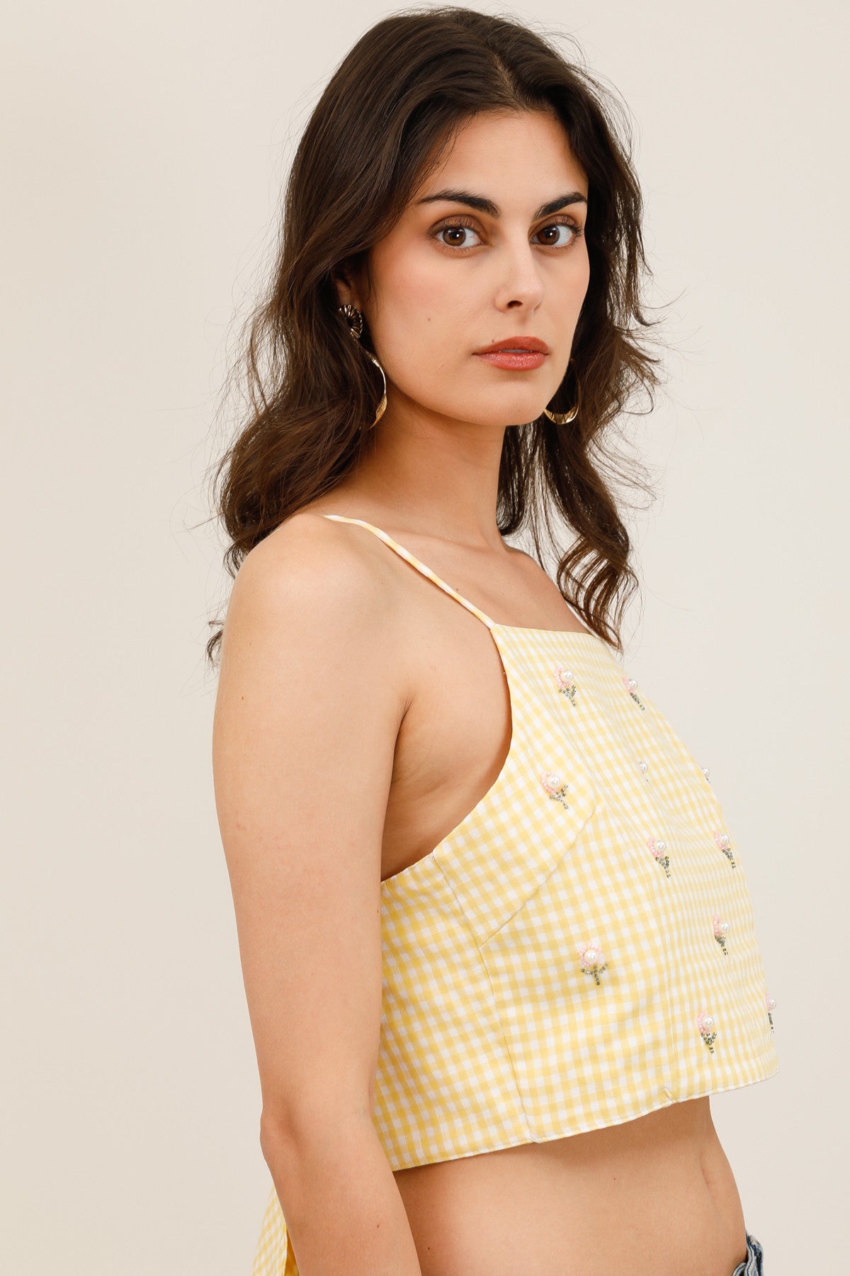 Top Femme Vichy à Bretelles avec Broderies Perlées et Nœud Dos - 32236