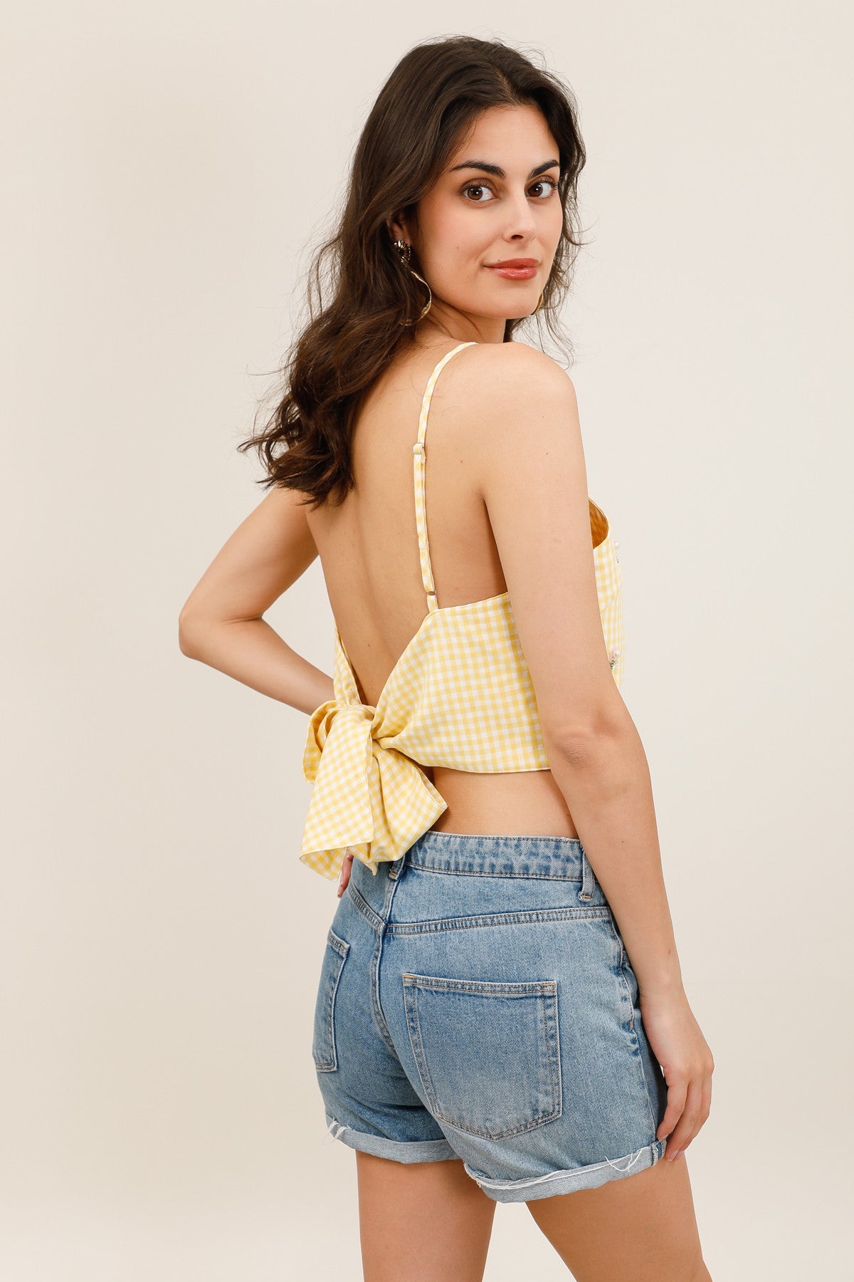Top Femme Vichy à Bretelles avec Broderies Perlées et Nœud Dos - 32236