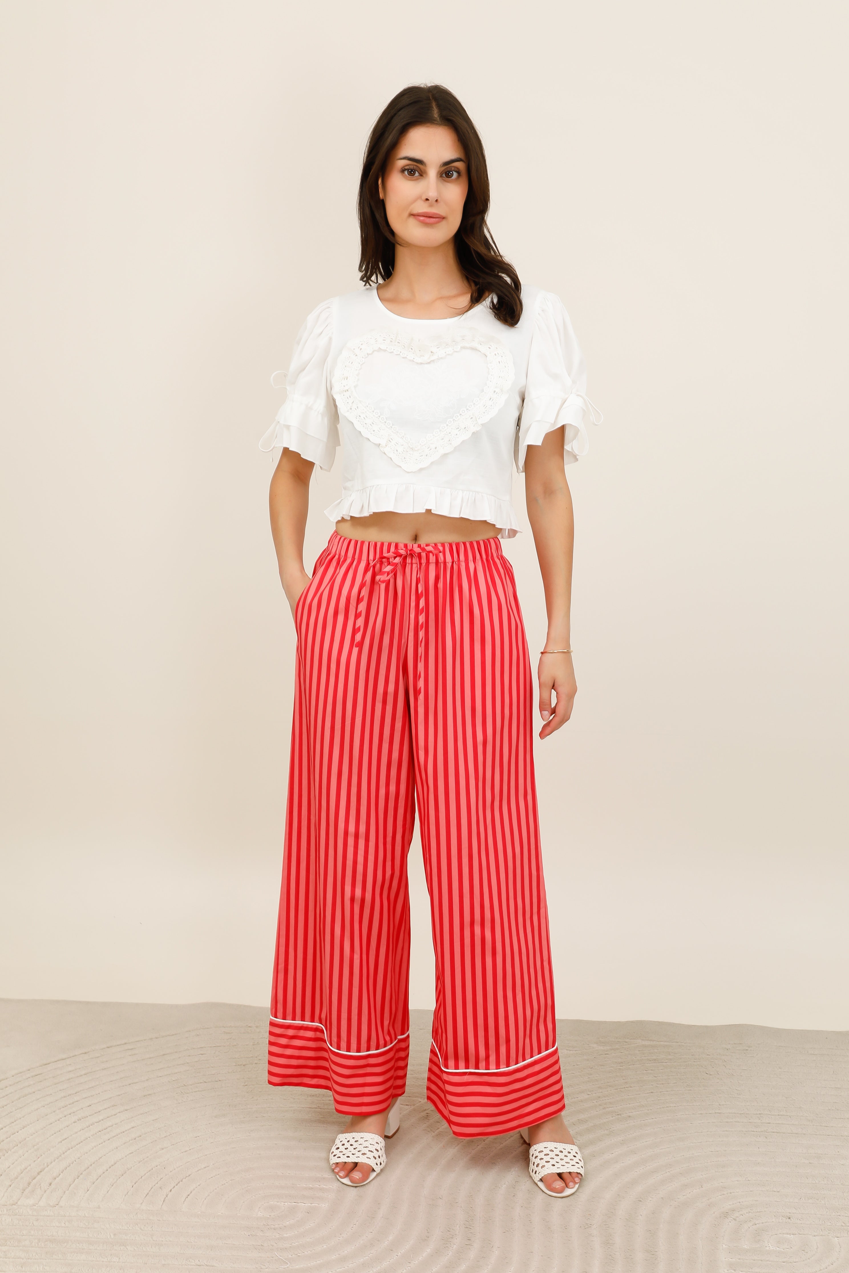 Women's wide-leg striped elastic waist pants with drawstring - 32237