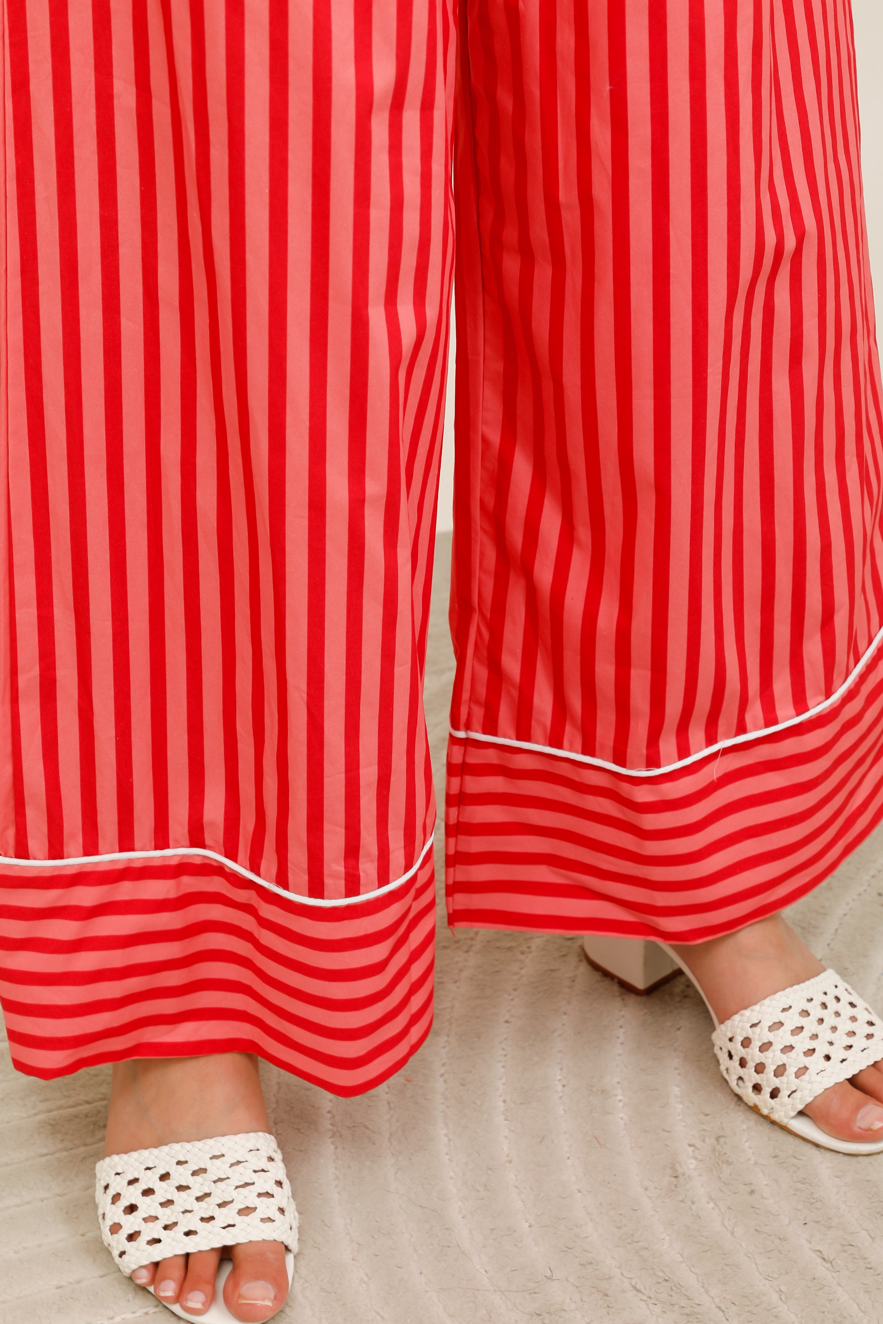 Women's wide-leg striped elastic waist pants with drawstring - 32237