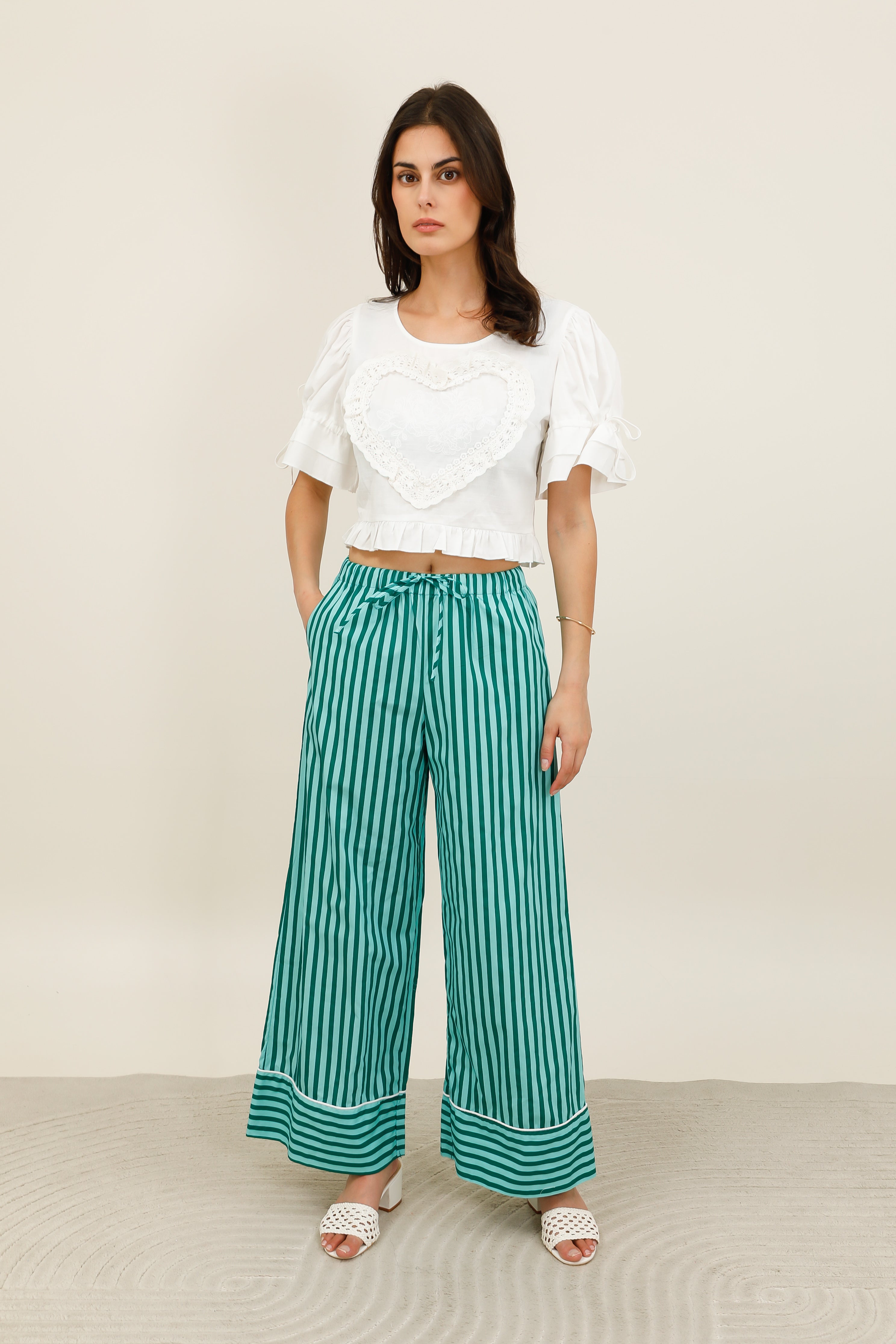 Women's wide-leg striped elastic waist pants with drawstring - 32237