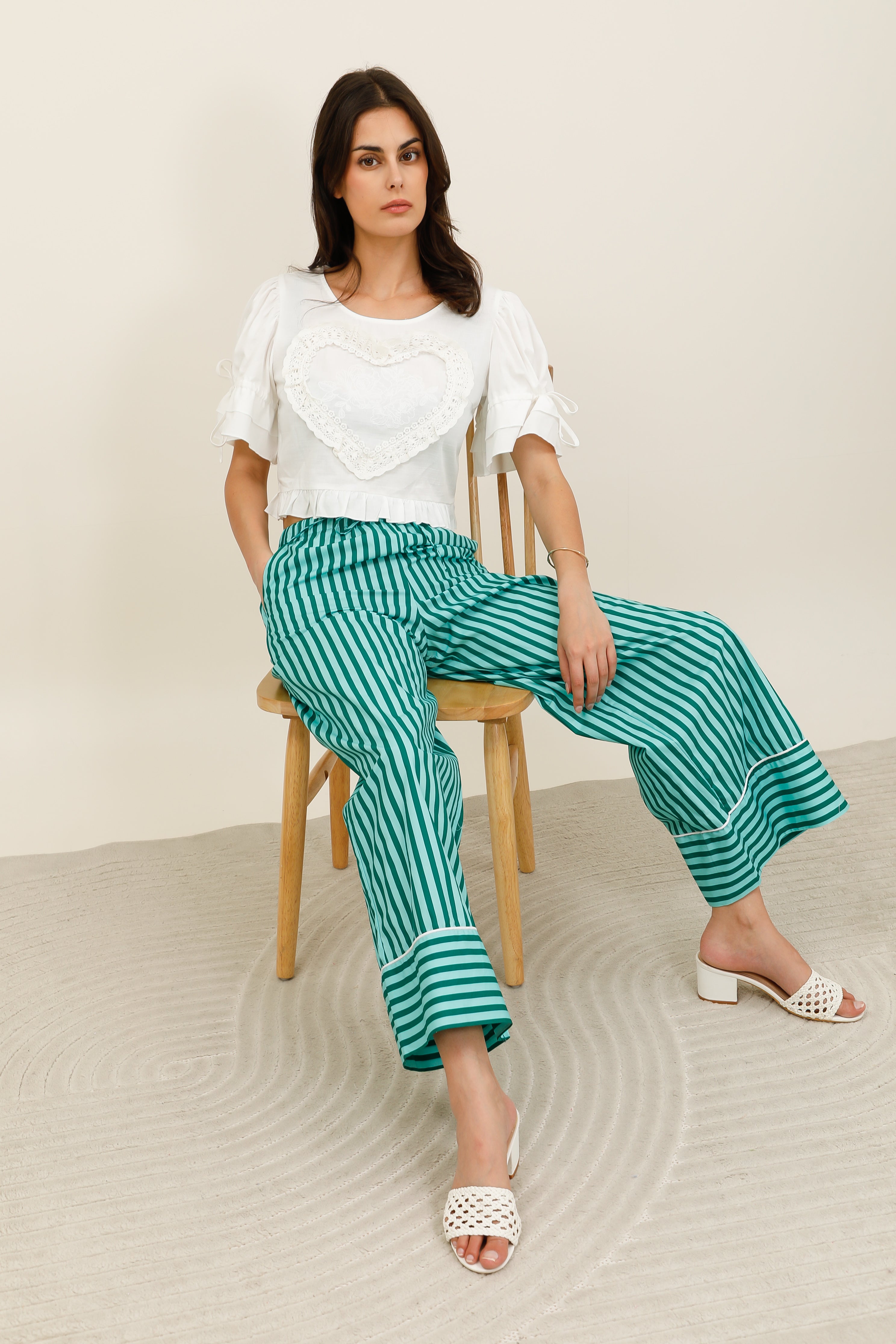 Women's wide-leg striped elastic waist pants with drawstring - 32237