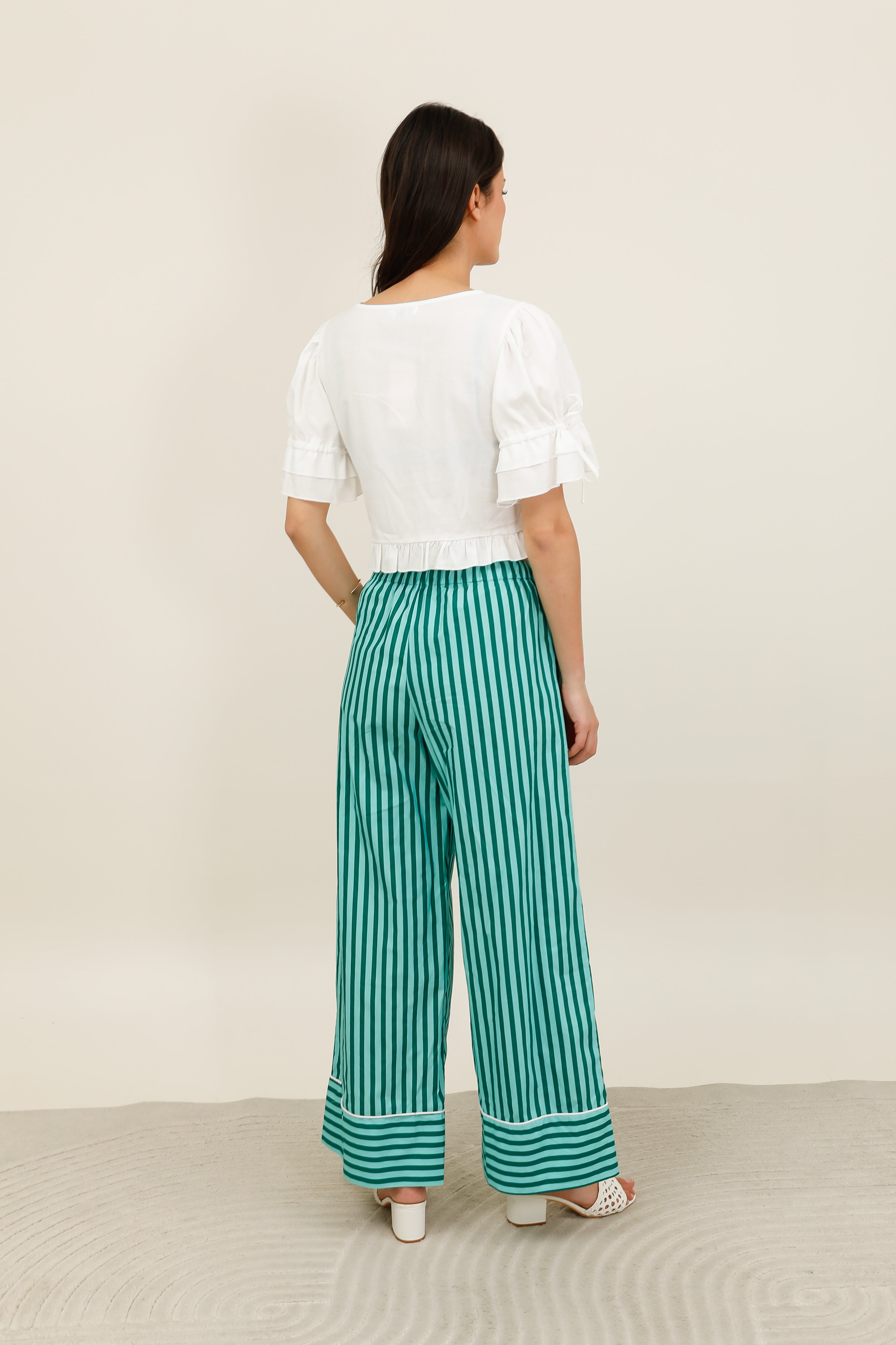 Women's wide-leg striped elastic waist pants with drawstring - 32237
