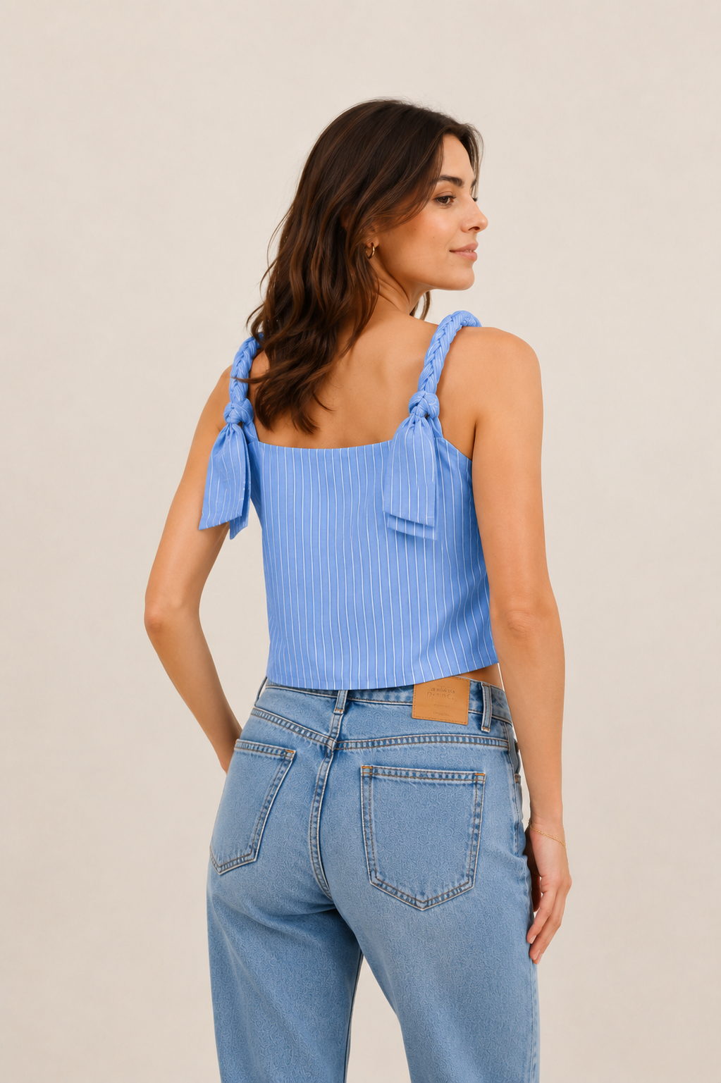 Top Femme Rayé à Bretelles Tressées avec Nœuds Décoratifs aux Épaules - 32238