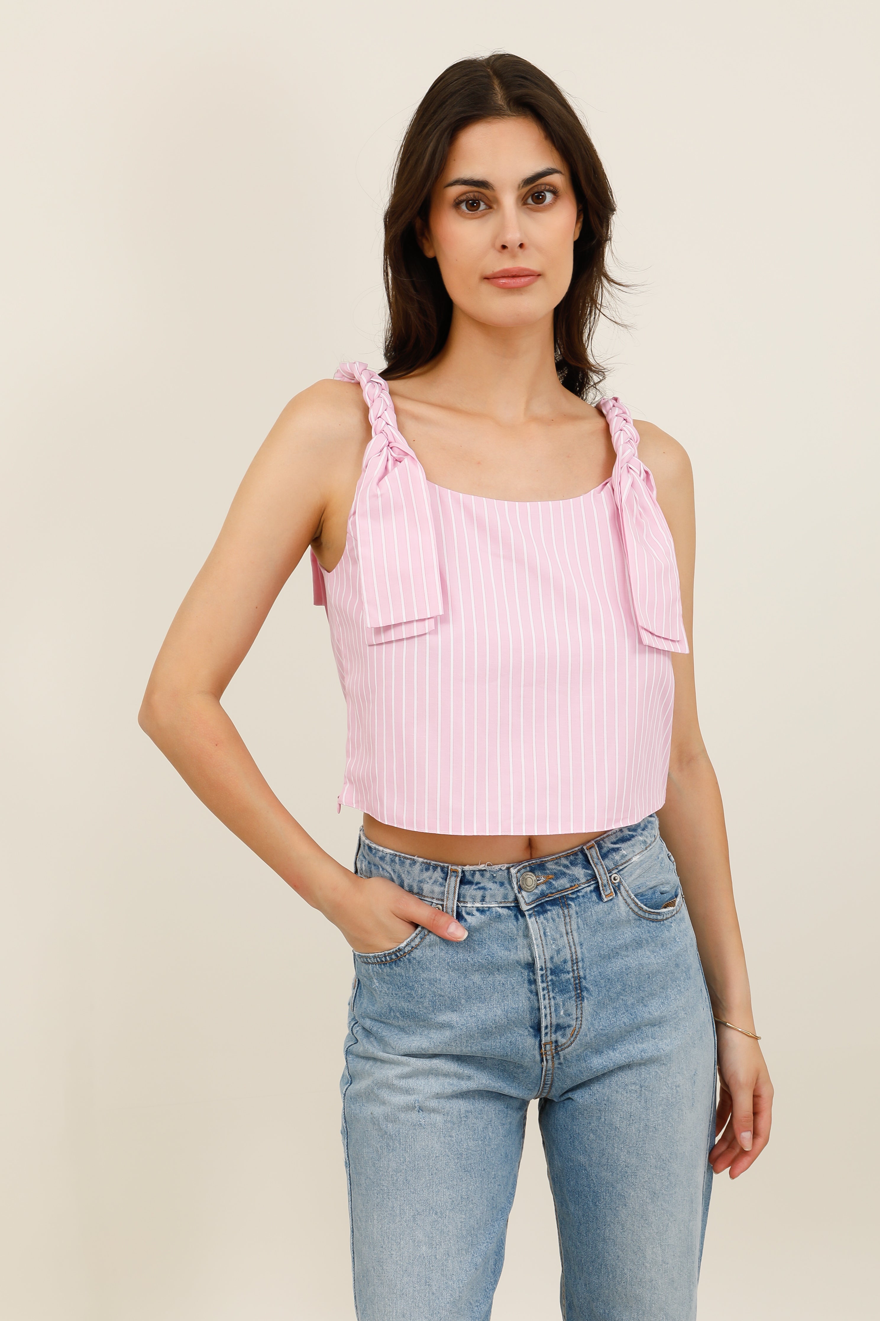 Top Femme Rayé à Bretelles Tressées avec Nœuds Décoratifs aux Épaules - 32238