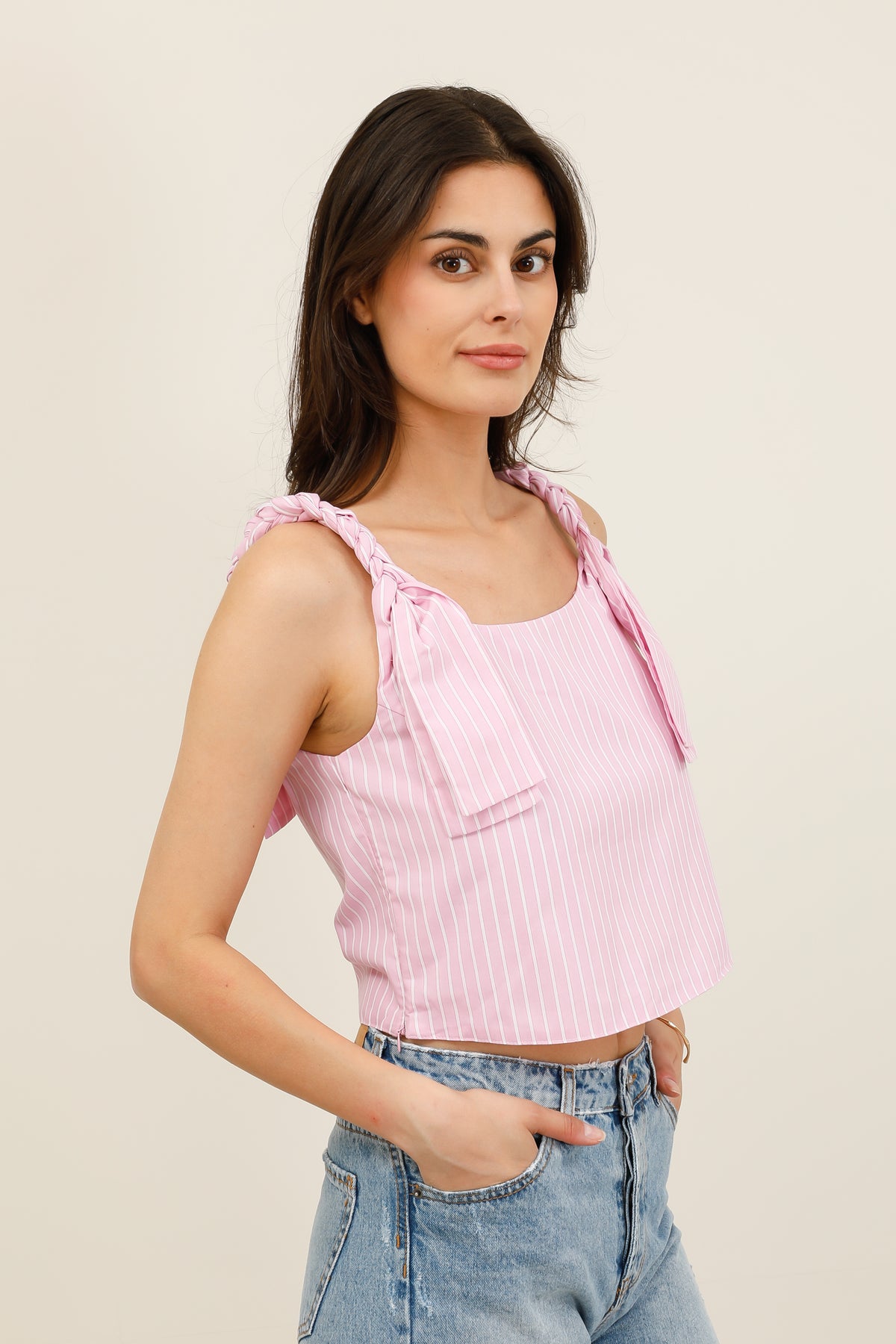Top de rayas para mujer con tirantes trenzados y lazos decorativos en los hombros - 32238