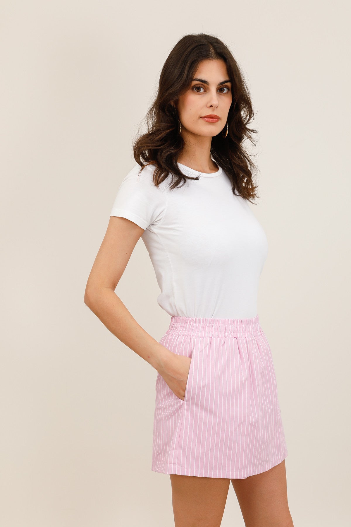 Women's Striped Elastic Waist Short Skirt with Side Pockets - 32250