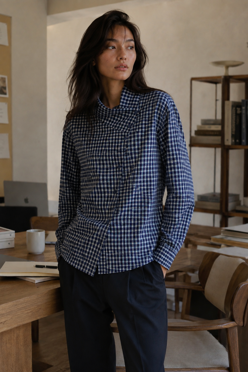 Camisa de cuadros con cuello cruzado asimétrico y cierre de botones para mujer - 32251