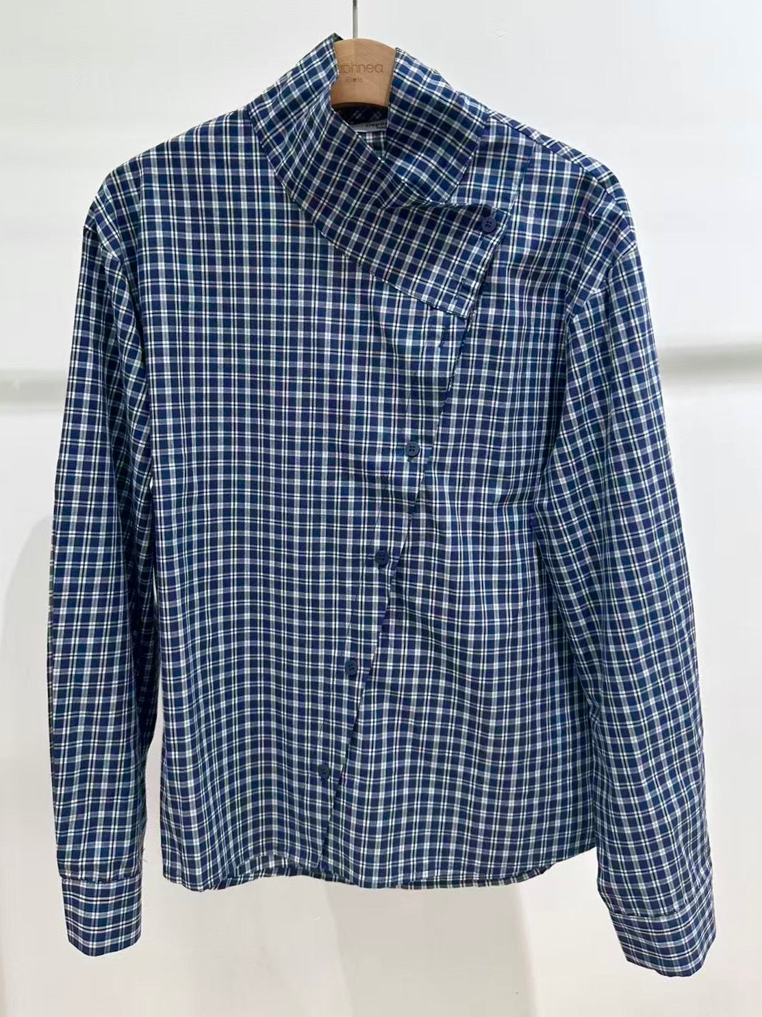 Camisa de cuadros con cuello cruzado asimétrico y cierre de botones para mujer - 32251