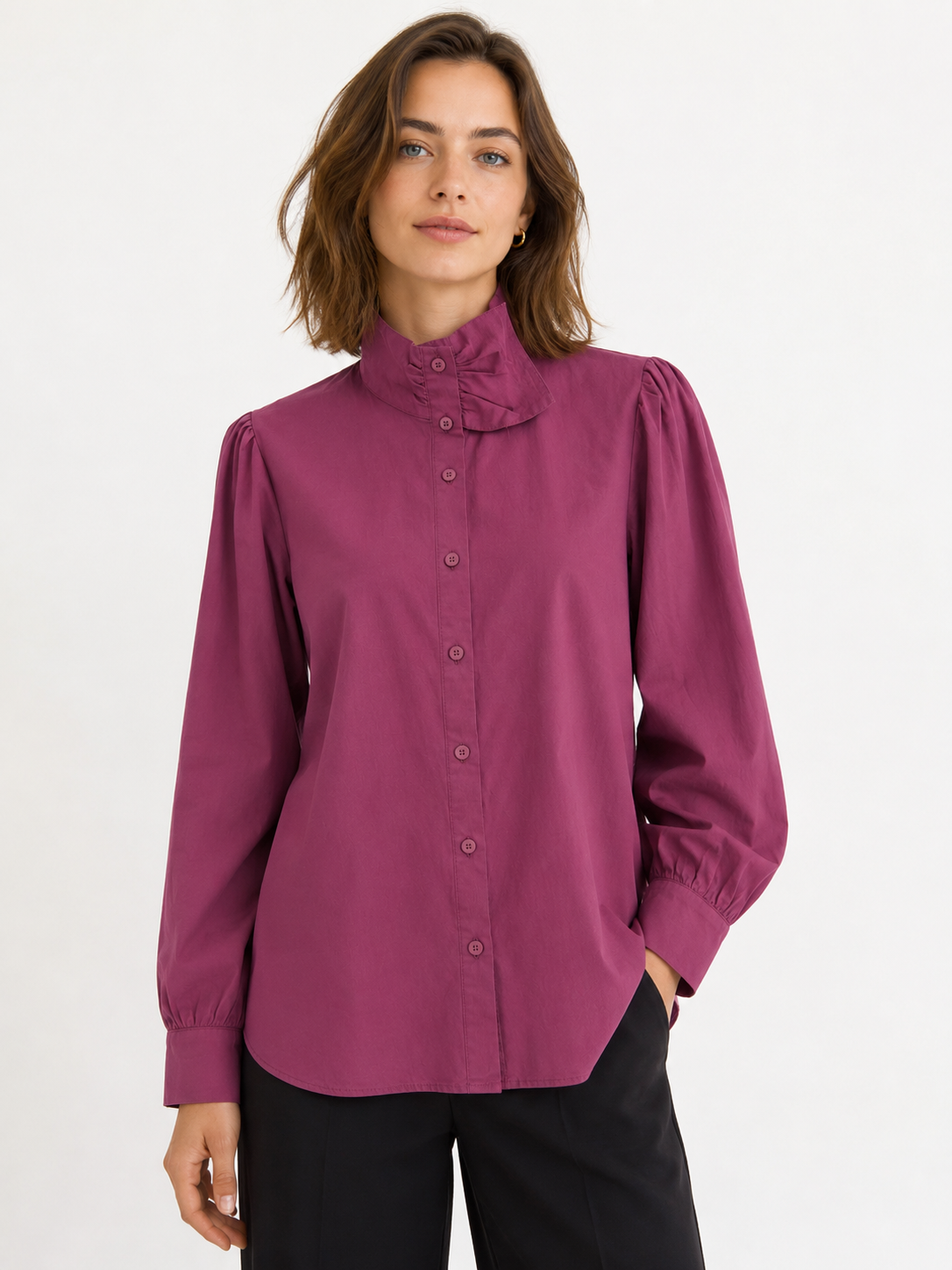 Blusa de mujer de manga larga con cuello alto con volantes - 32253