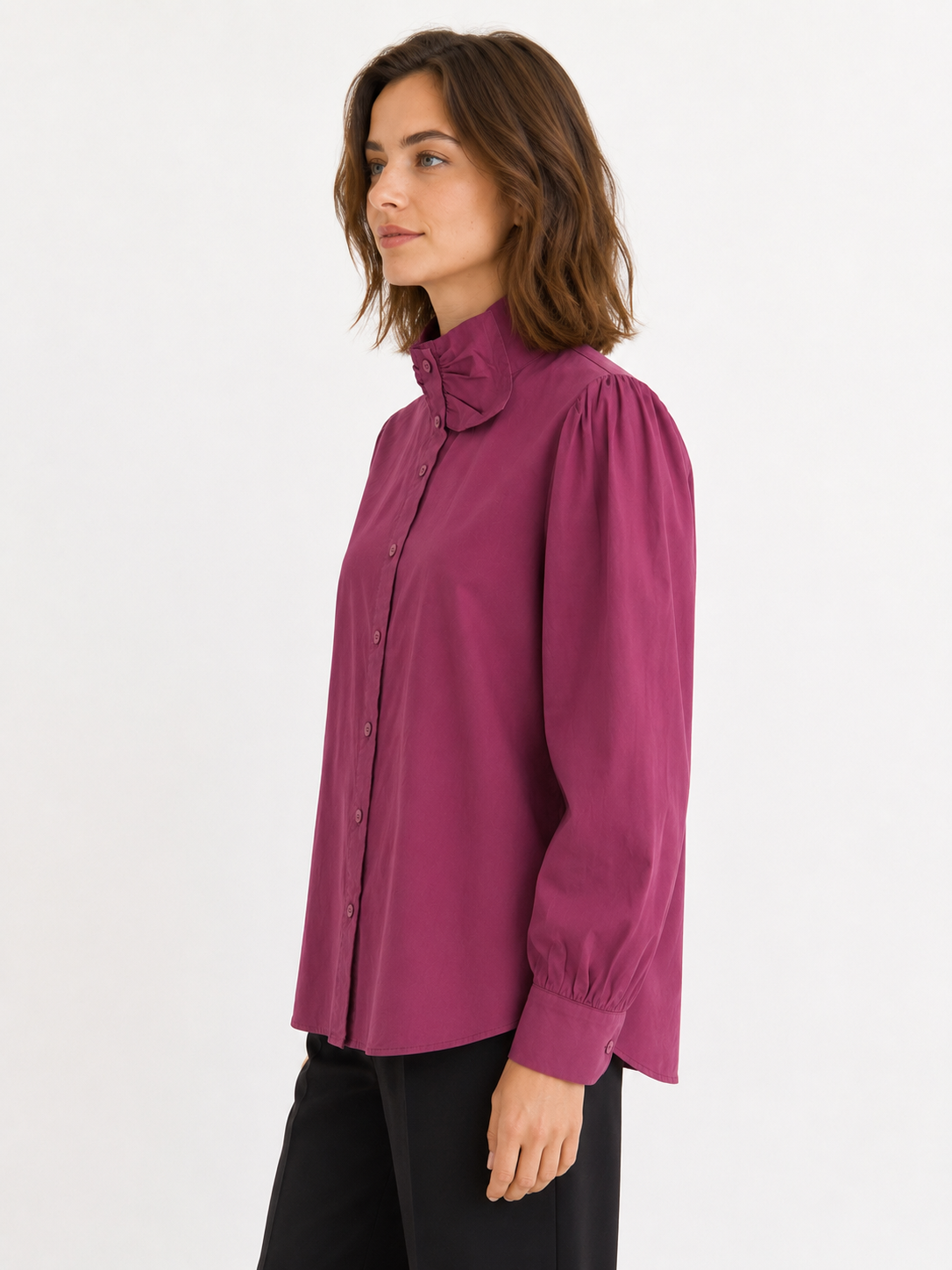 Blusa de mujer de manga larga con cuello alto con volantes - 32253