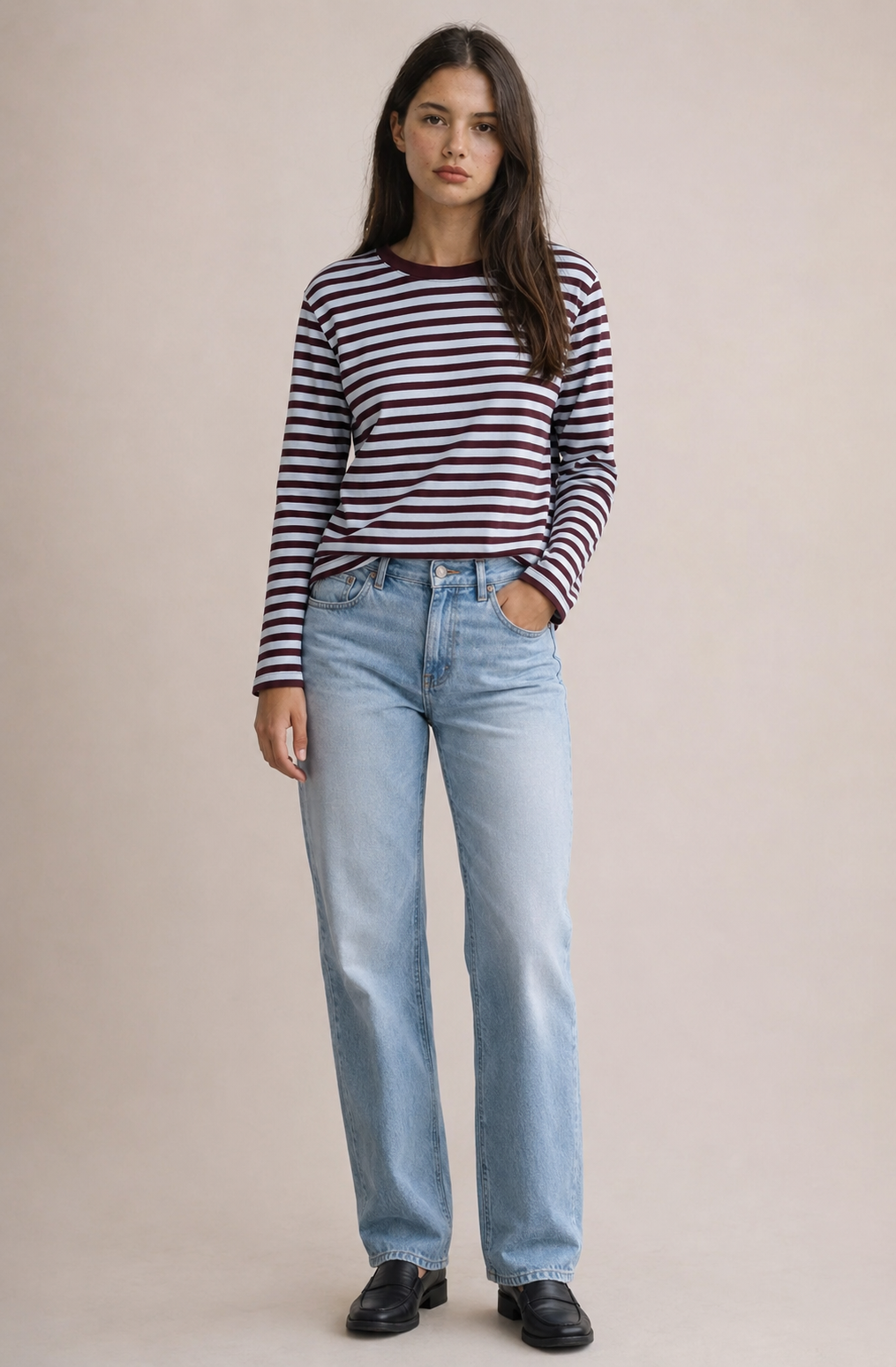 Camiseta de manga larga a rayas y cuello redondo para mujer - 32255