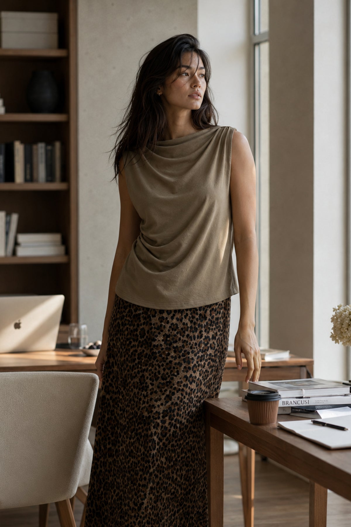 Women's Long Leopard Print Voile Skirt - Flared High-Waist - 32260