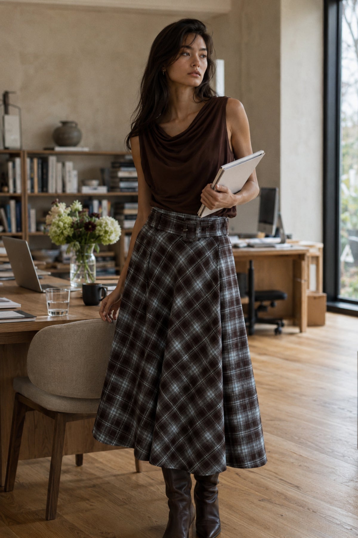 Plaid Flared Long Skirt with Belt - 32210
