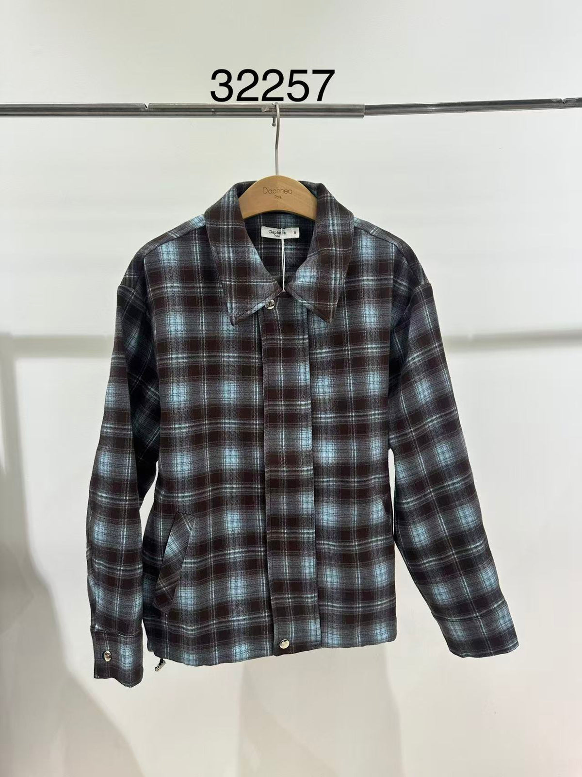 Short Plaid Wool Jacket with Drawstrings - 32257