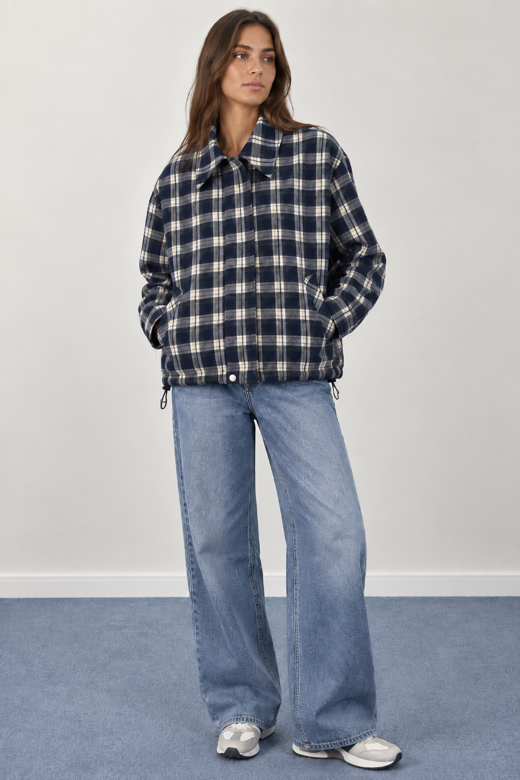Short Plaid Wool Jacket with Drawstrings - 32257