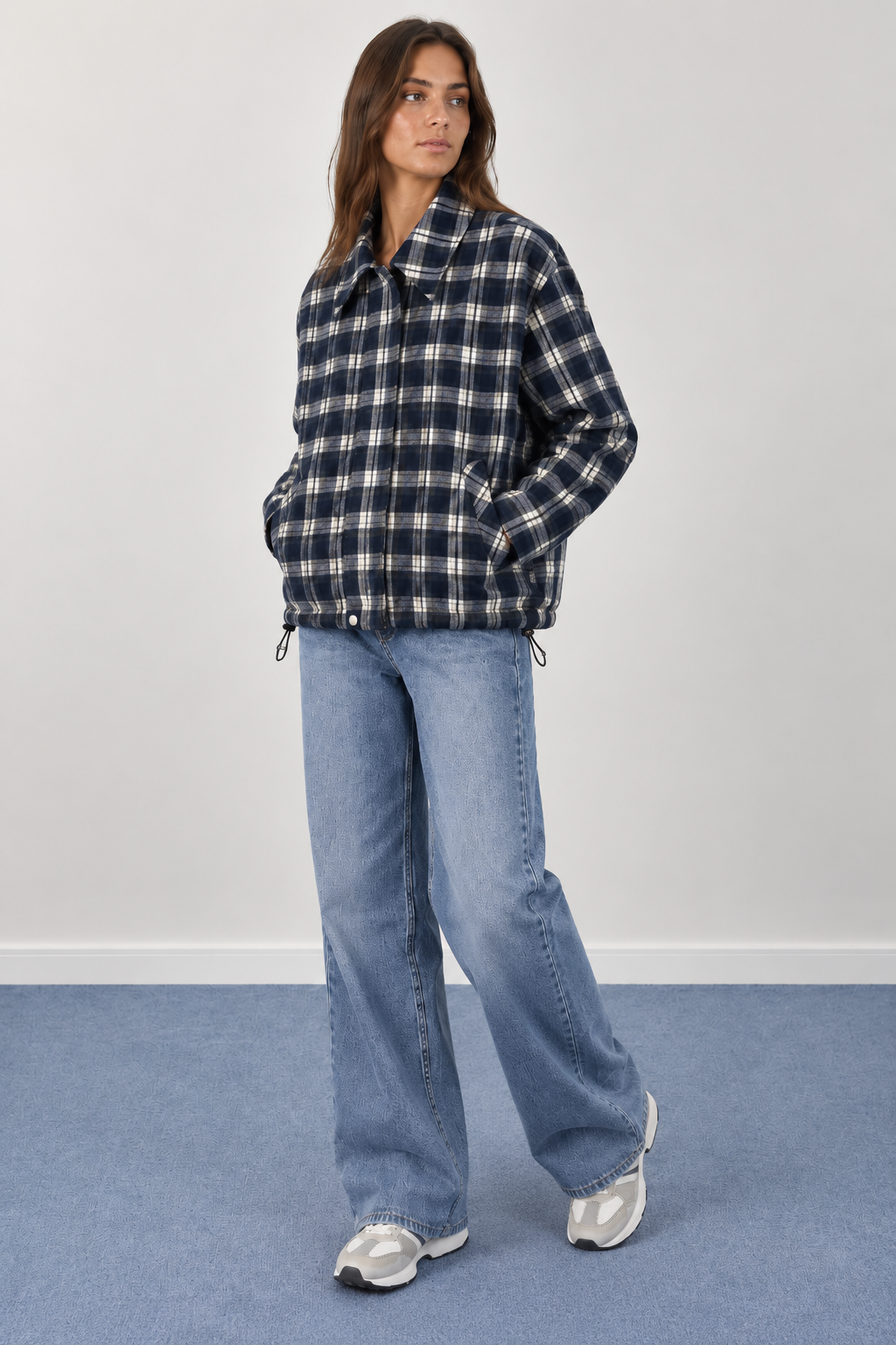 Short Plaid Wool Jacket with Drawstrings - 32257